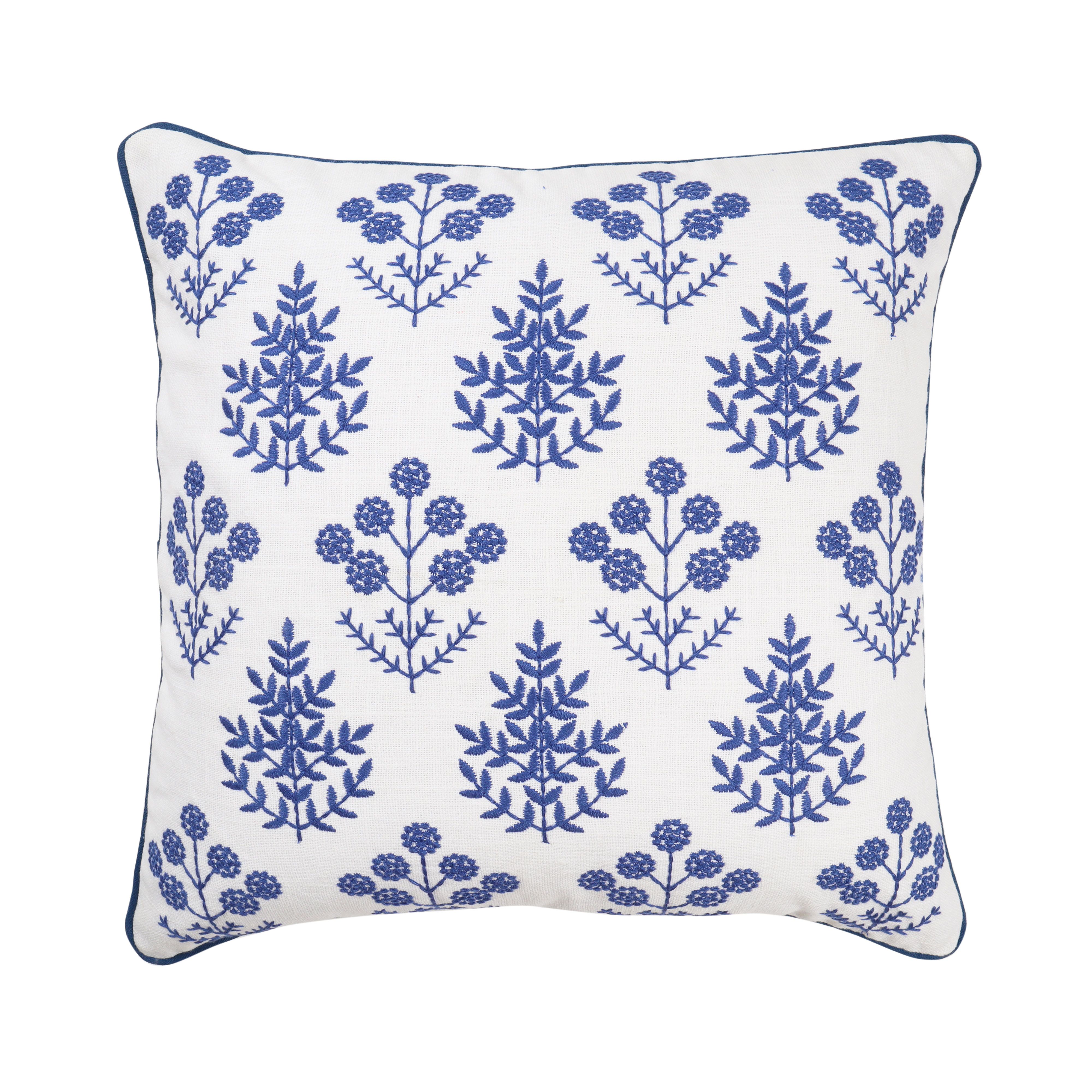 White & Blue Floral Embroidered effect Indoor Cushion, (L)45cm x (W)45cm
