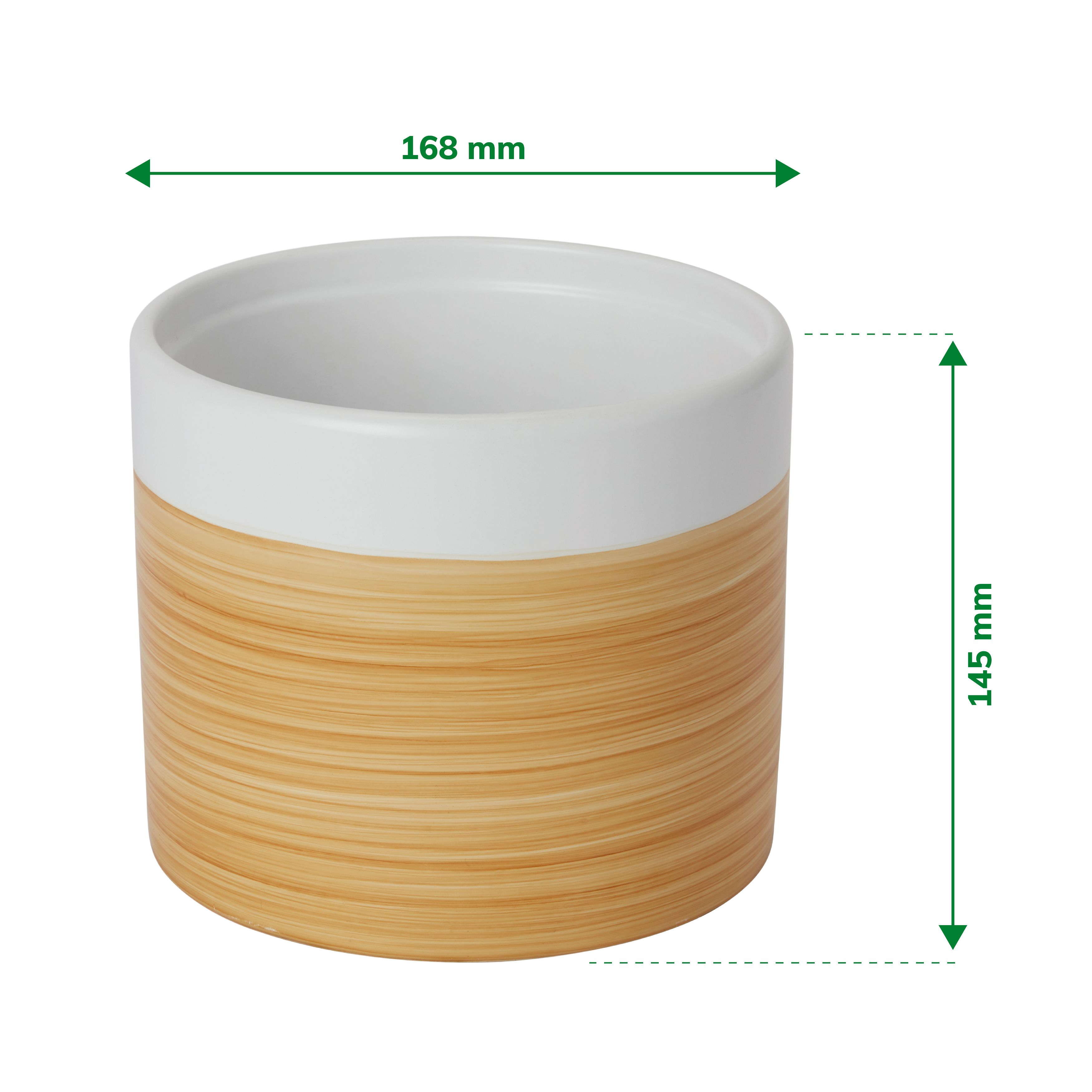 White Ceramic Wood effect Circular Plant pot (Dia)16.8cm