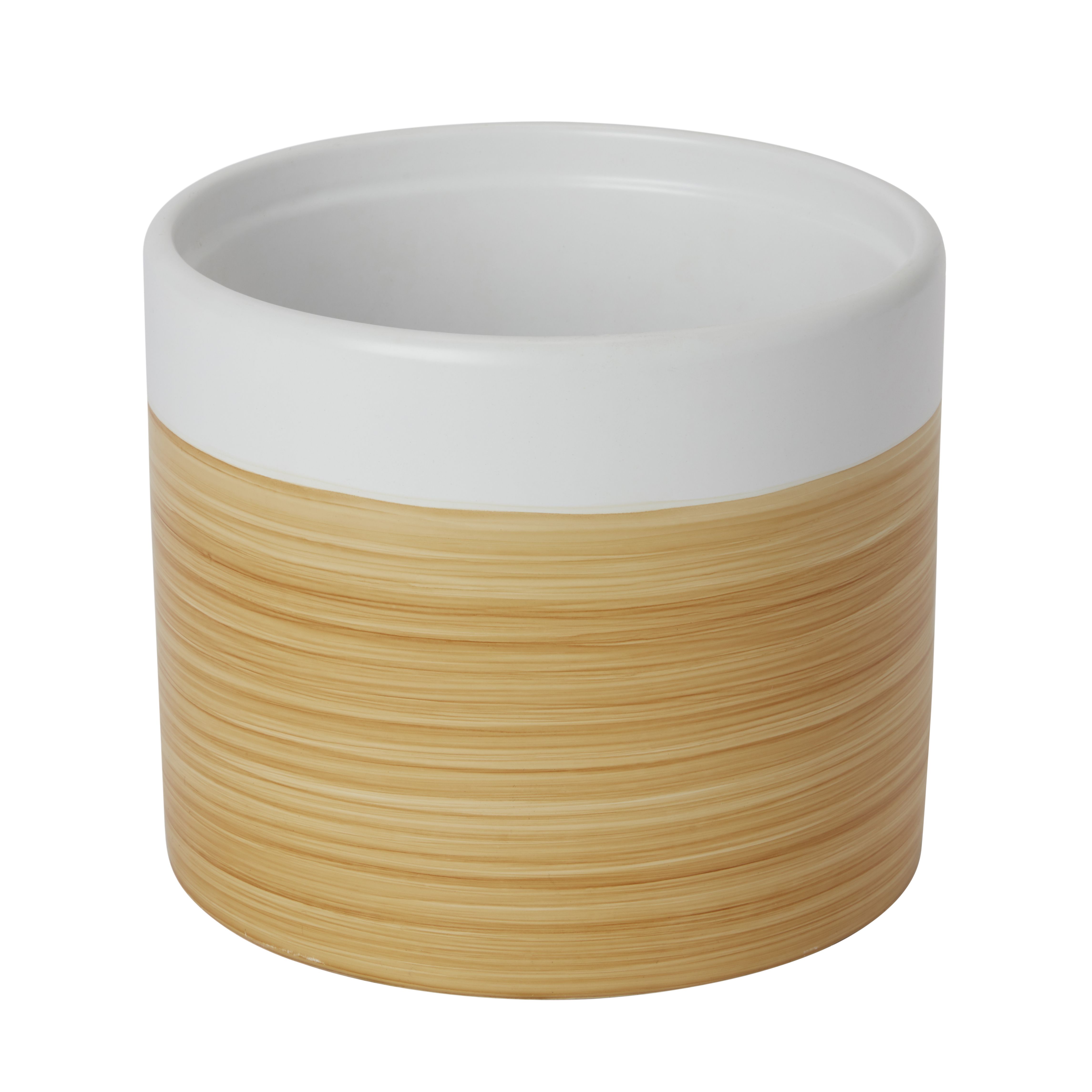 White Ceramic Wood effect Circular Plant pot (Dia)16.8cm