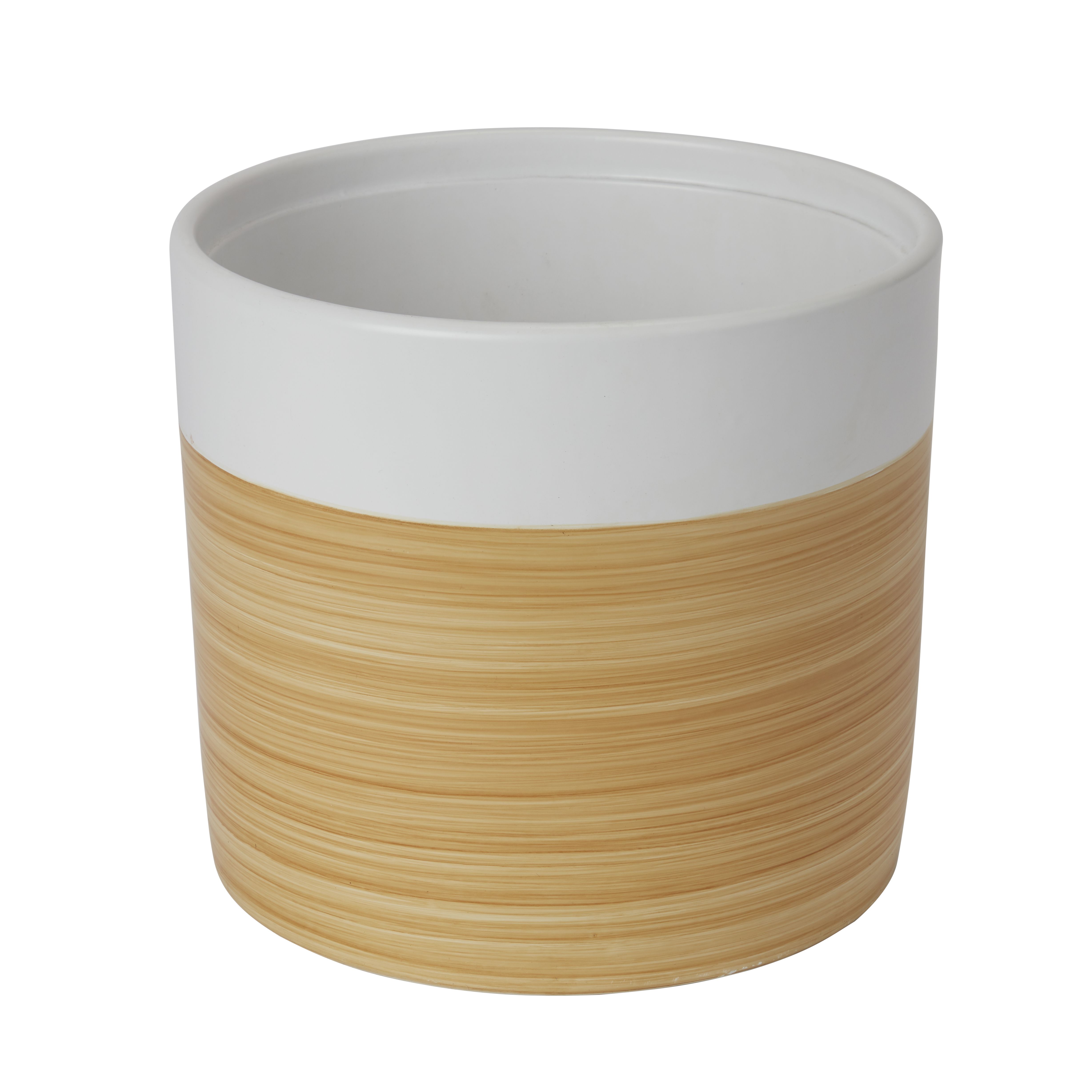 White Clay Wood effect Circular Plant pot (Dia)22.5cm