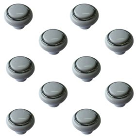 White Plastic Chrome effect Round Furniture Knob (Dia)40mm, Pack of 10