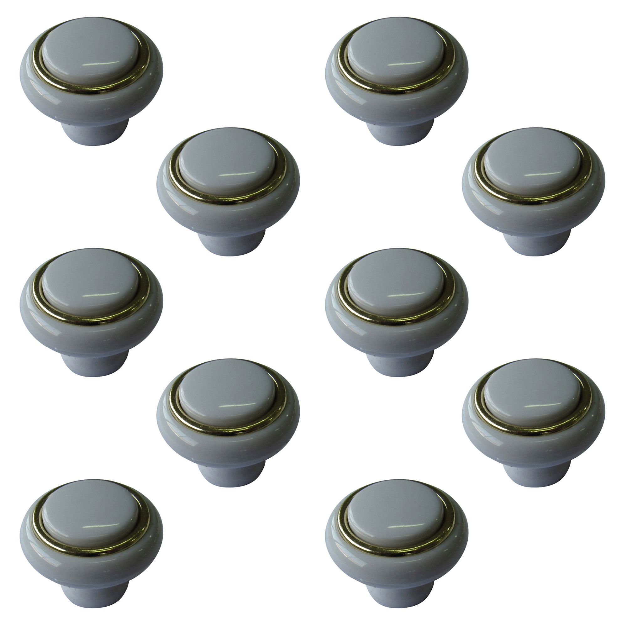 White Plastic Gold effect Round Furniture Knob (Dia)40mm, Pack of 10