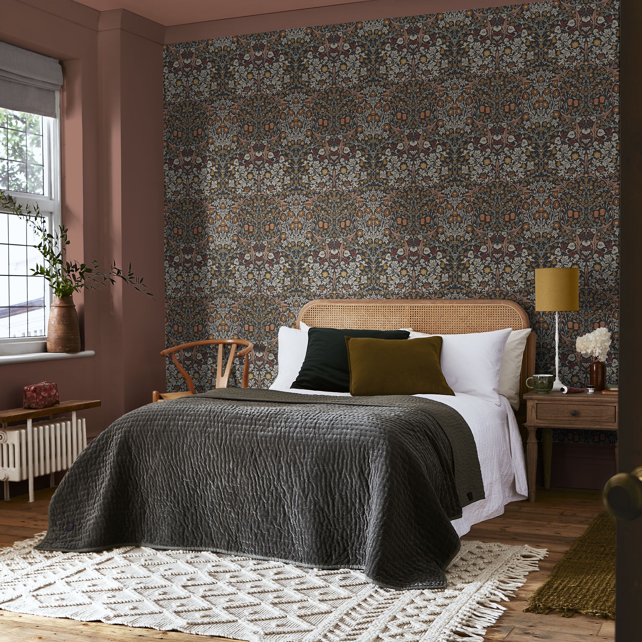William Morris Gallery Collection Charcoal & Burnt Orange Blackthorn Smooth Wallpaper