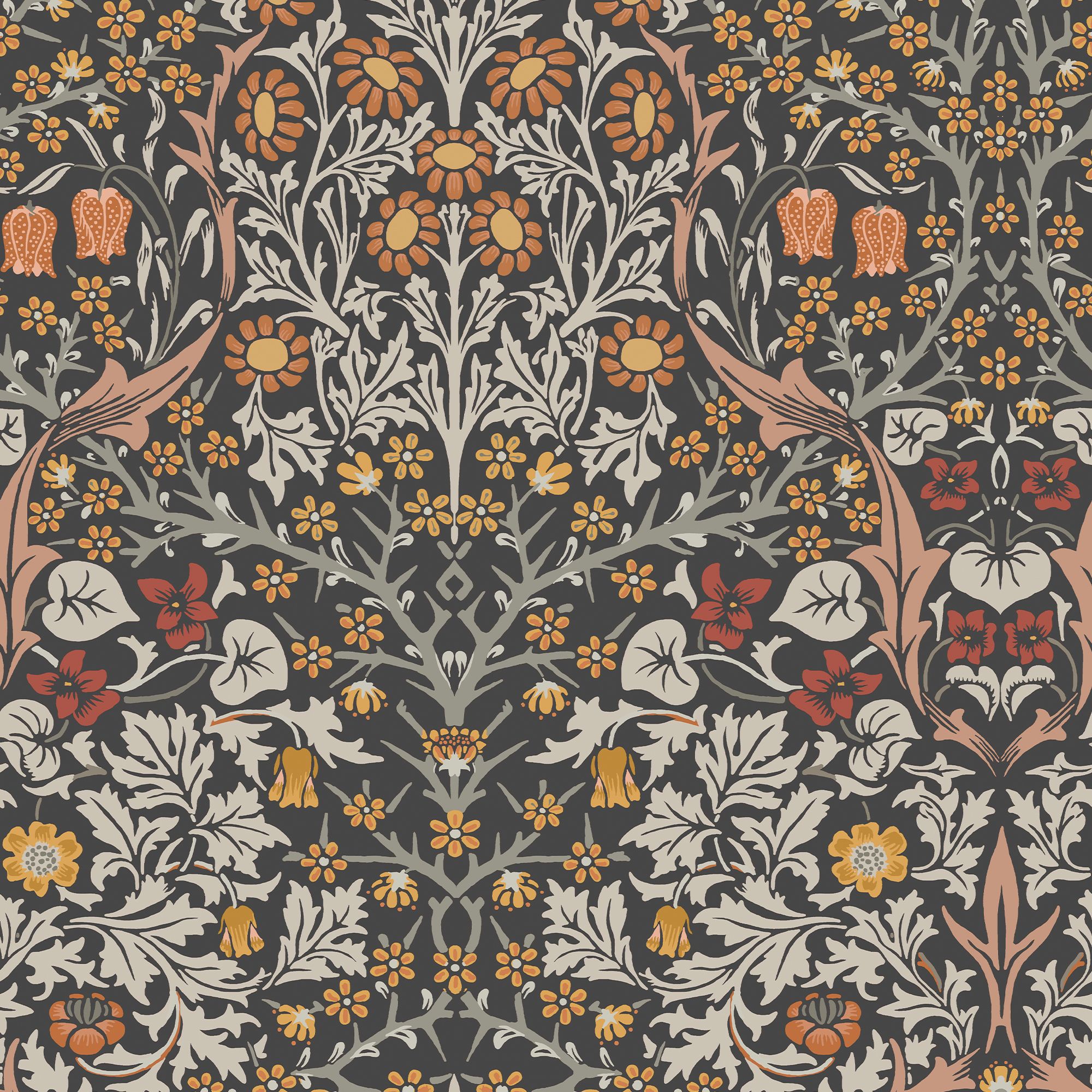 William Morris Gallery Collection Charcoal & Burnt Orange Blackthorn Smooth Wallpaper