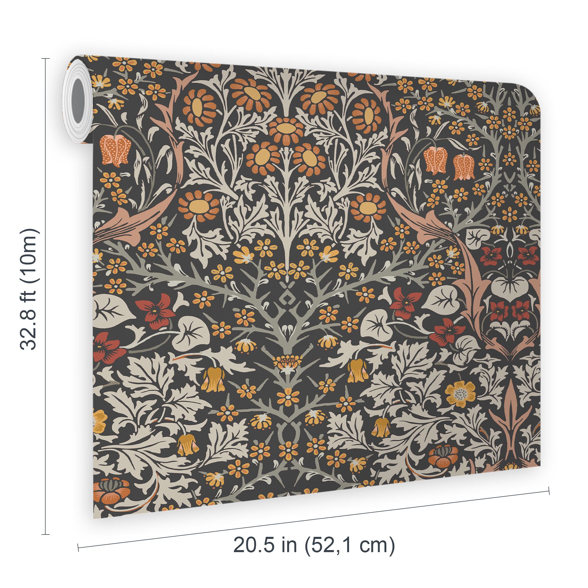 William Morris Gallery Collection Charcoal & Burnt Orange Blackthorn Smooth Wallpaper