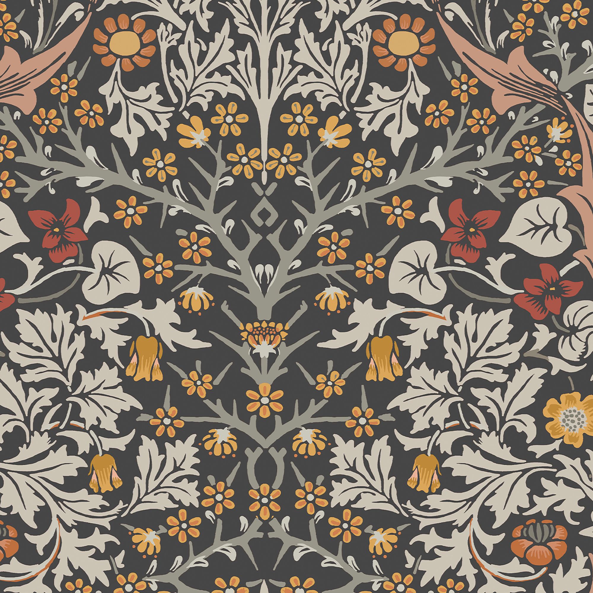 William Morris Gallery Collection Charcoal & Burnt Orange Blackthorn Smooth Wallpaper