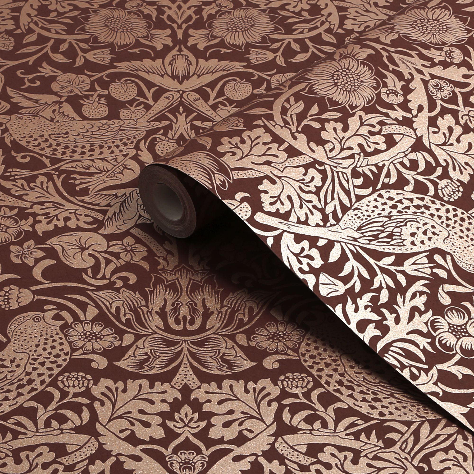 William Morris Gallery Collection Fibrous Burgundy Strawberry Thief Metallic effect Smooth Wallpaper