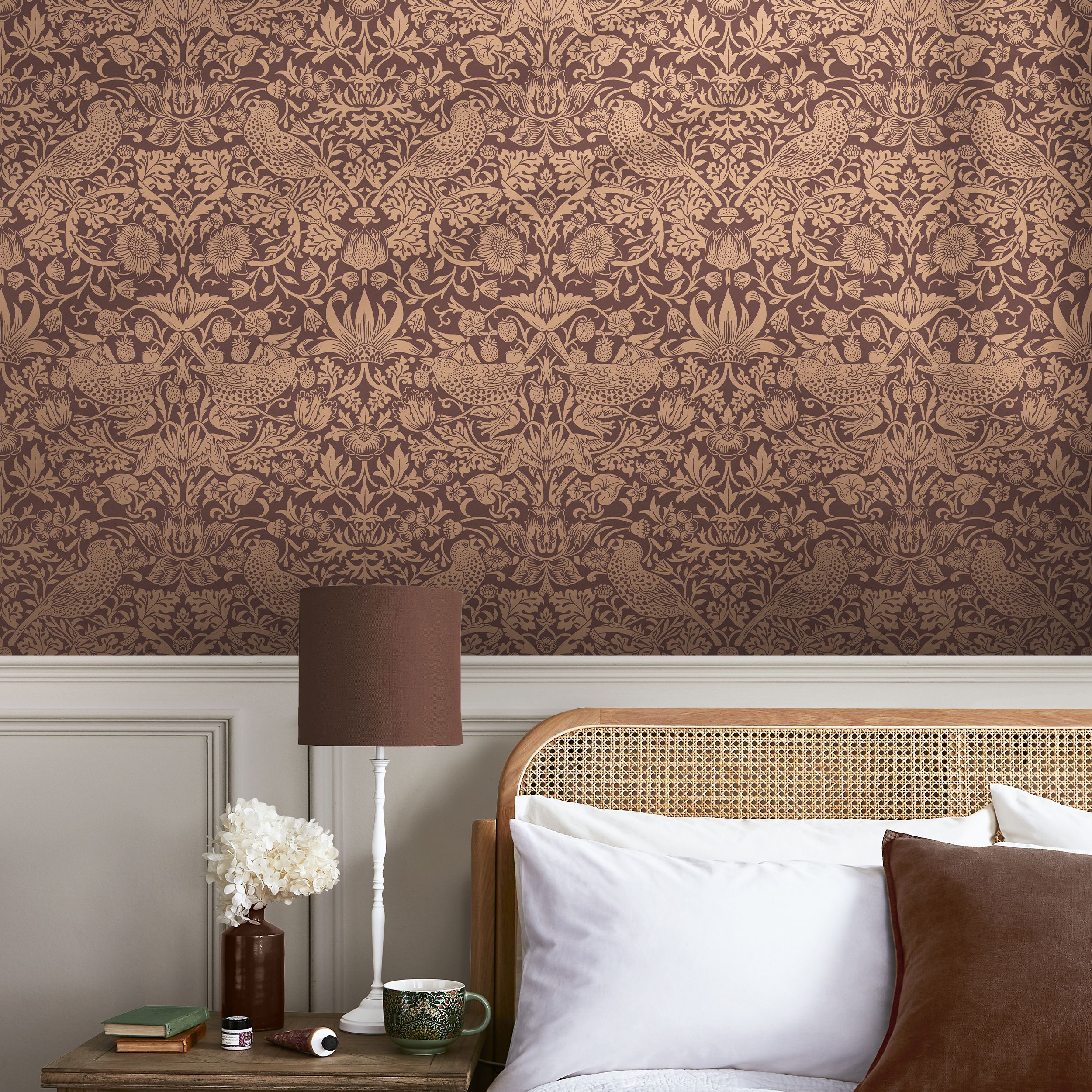 William Morris Gallery Collection Fibrous Burgundy Strawberry Thief Metallic effect Smooth Wallpaper