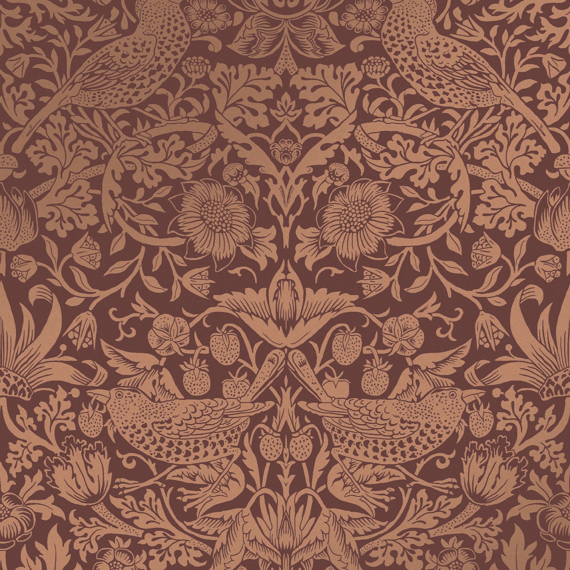 William Morris Gallery Collection Fibrous Burgundy Strawberry Thief Metallic effect Smooth Wallpaper