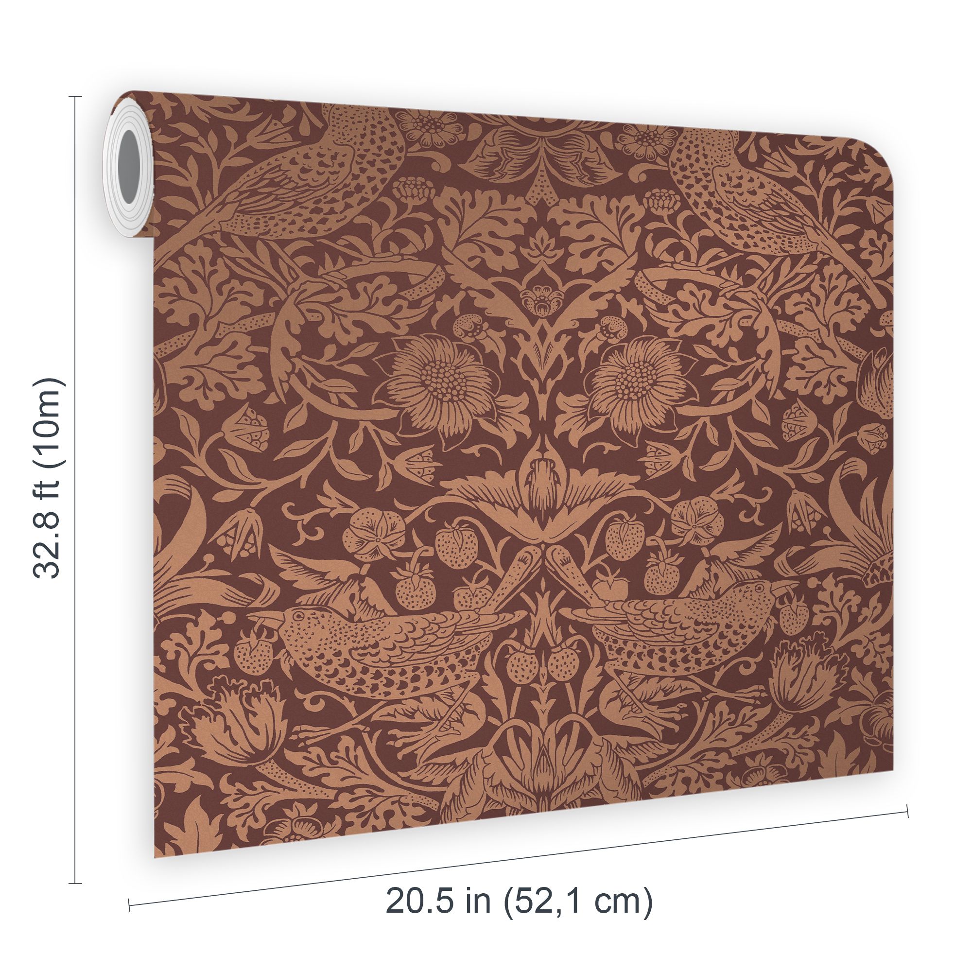 William Morris Gallery Collection Fibrous Burgundy Strawberry Thief Metallic effect Smooth Wallpaper