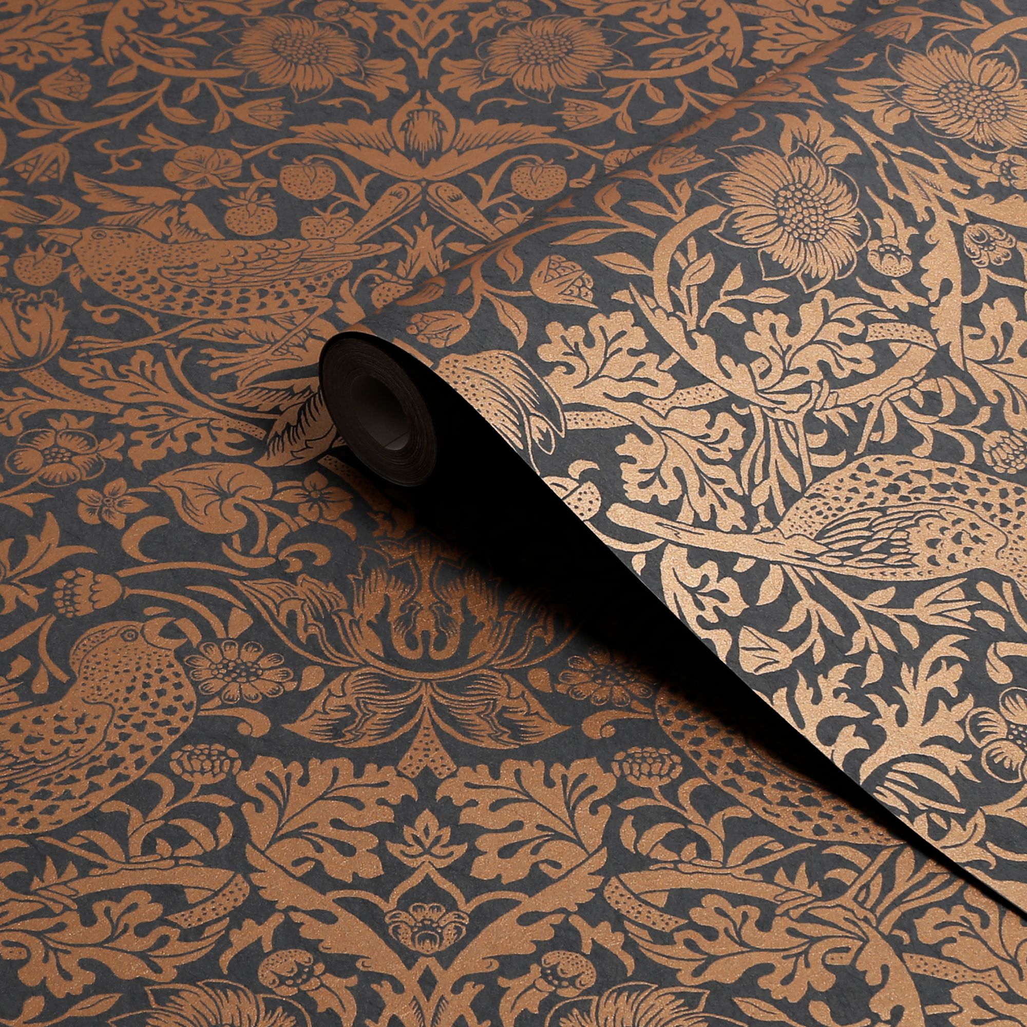 William Morris Gallery Collection Fibrous Charcoal Strawberry Thief Metallic effect Smooth Wallpaper