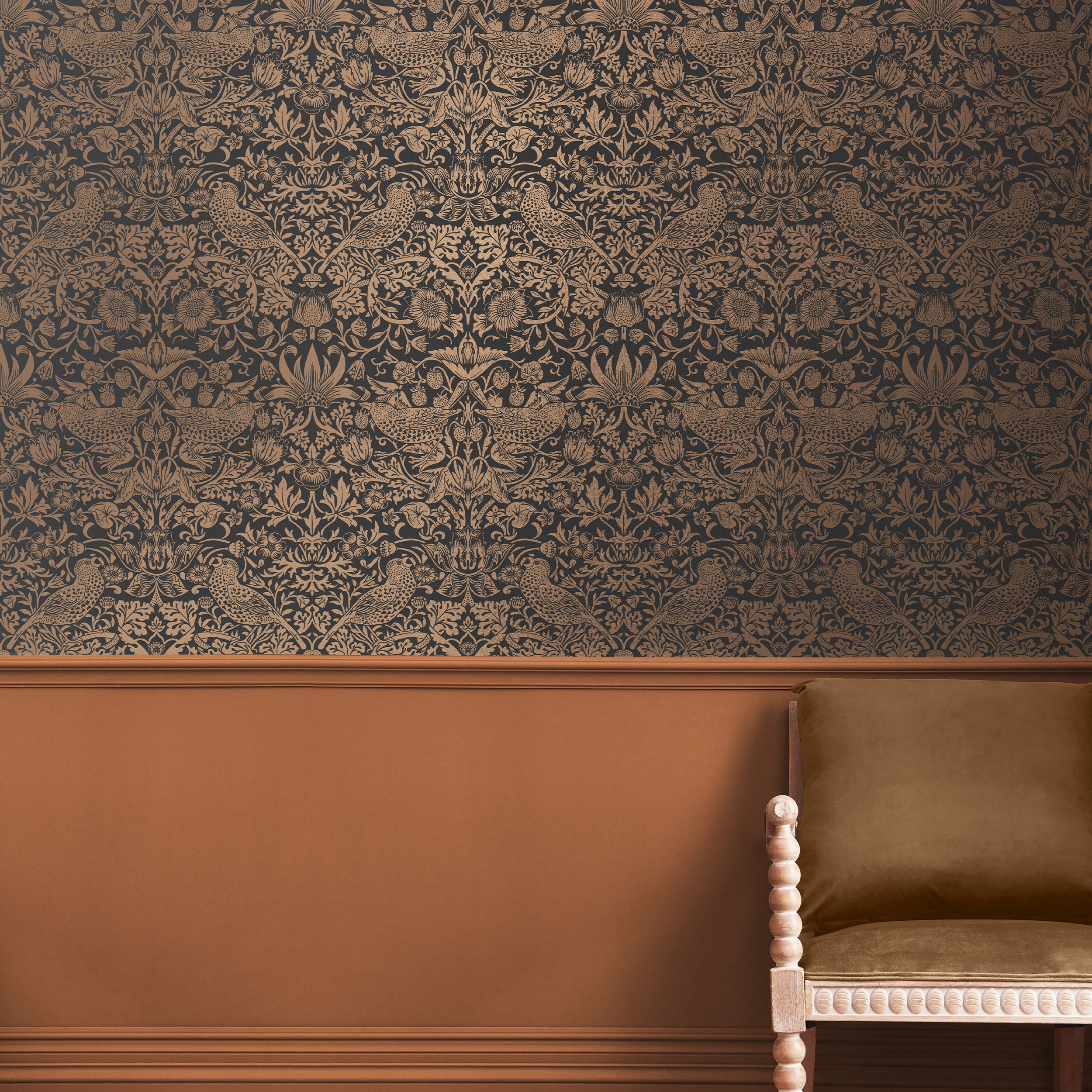 William Morris Gallery Collection Fibrous Charcoal Strawberry Thief Metallic effect Smooth Wallpaper