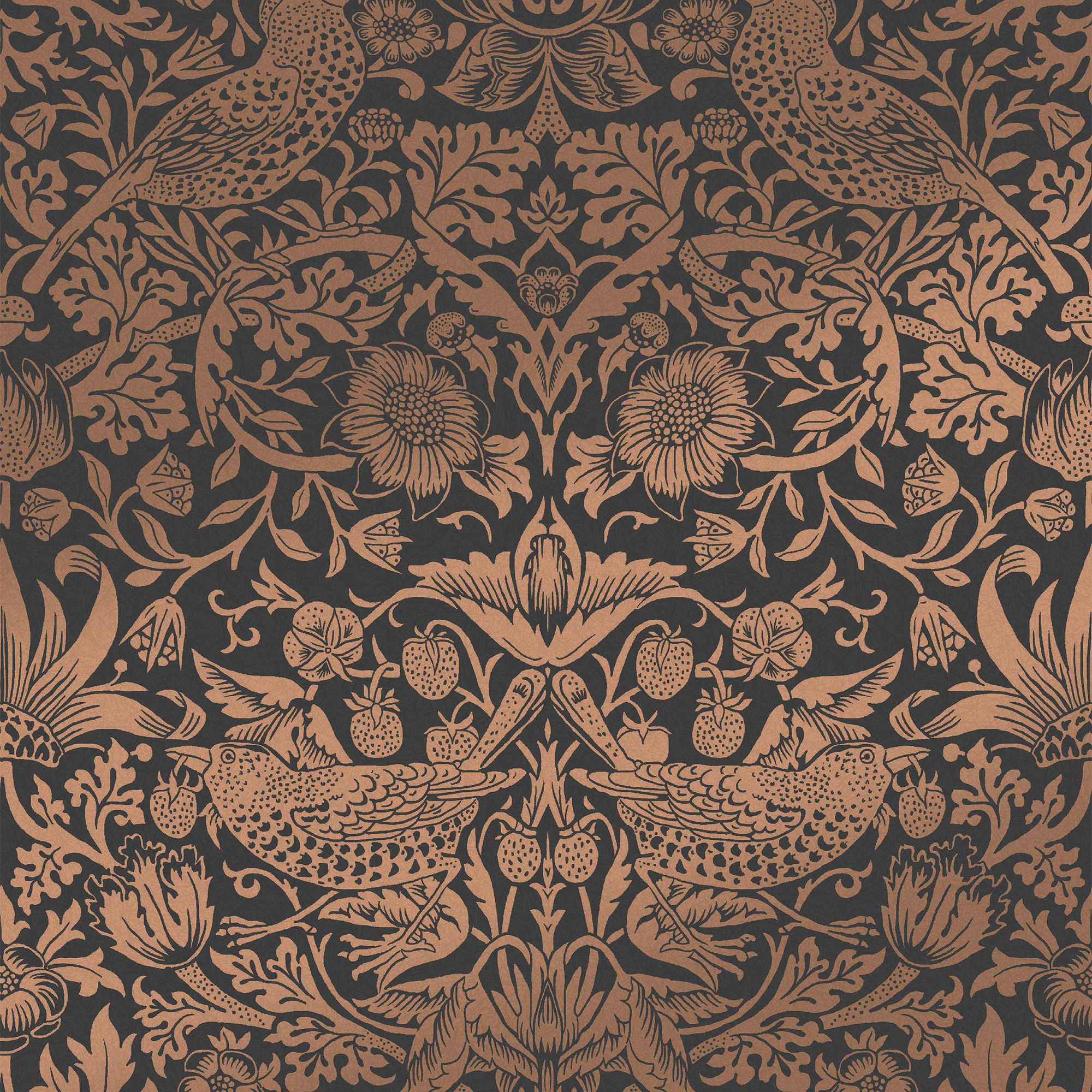 William Morris Gallery Collection Fibrous Charcoal Strawberry Thief Metallic effect Smooth Wallpaper