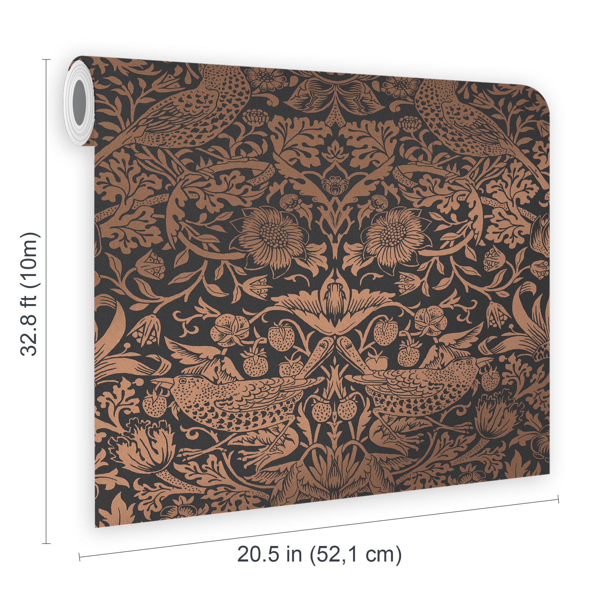 William Morris Gallery Collection Fibrous Charcoal Strawberry Thief Metallic effect Smooth Wallpaper