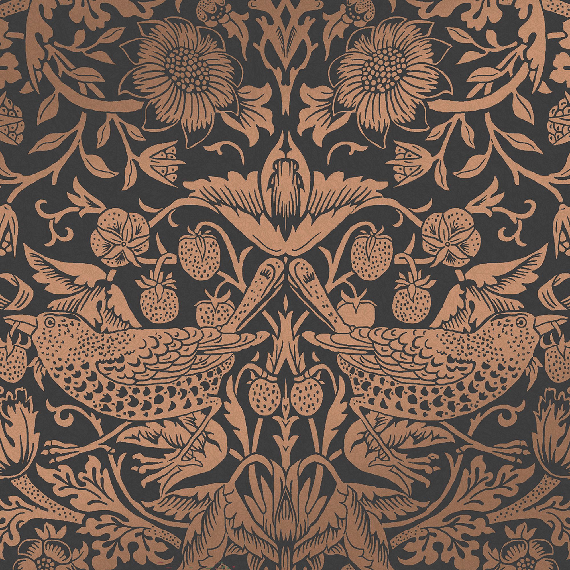 William Morris Gallery Collection Fibrous Charcoal Strawberry Thief Metallic effect Smooth Wallpaper