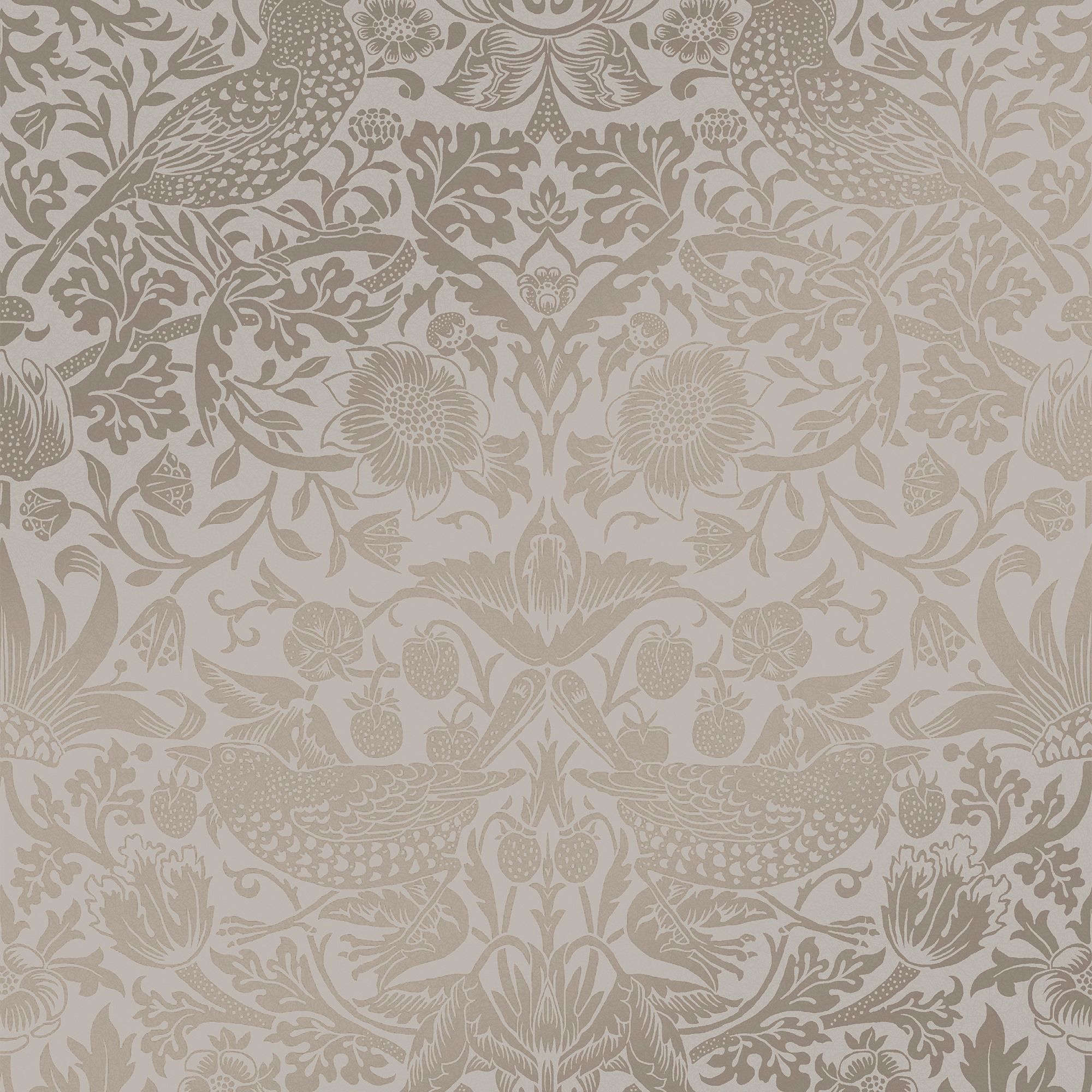 William Morris Gallery Collection Fibrous Neutral Strawberry Thief Metallic effect Smooth Wallpaper