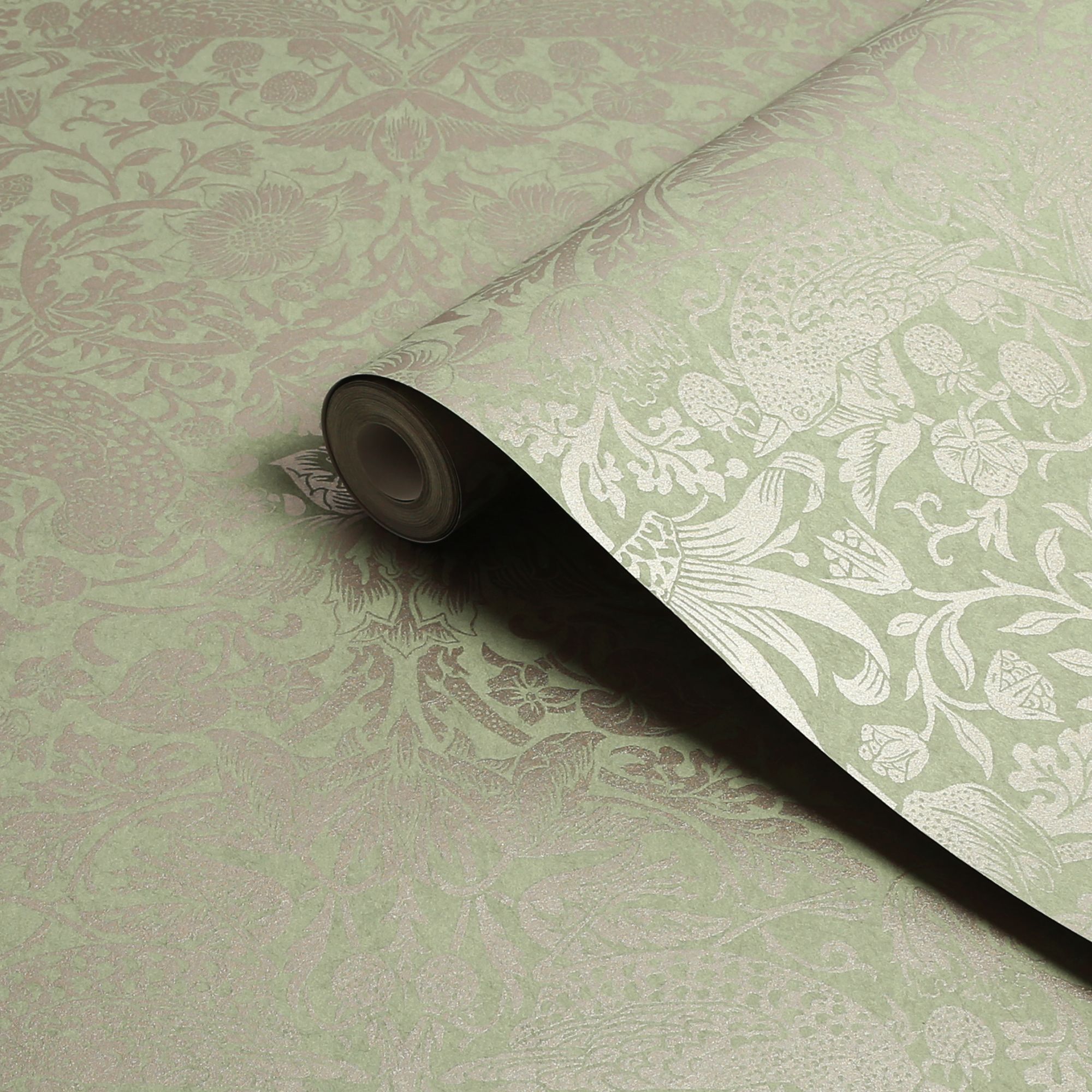 William Morris Gallery Collection Fibrous Sage Strawberry Thief Metallic effect Smooth Wallpaper