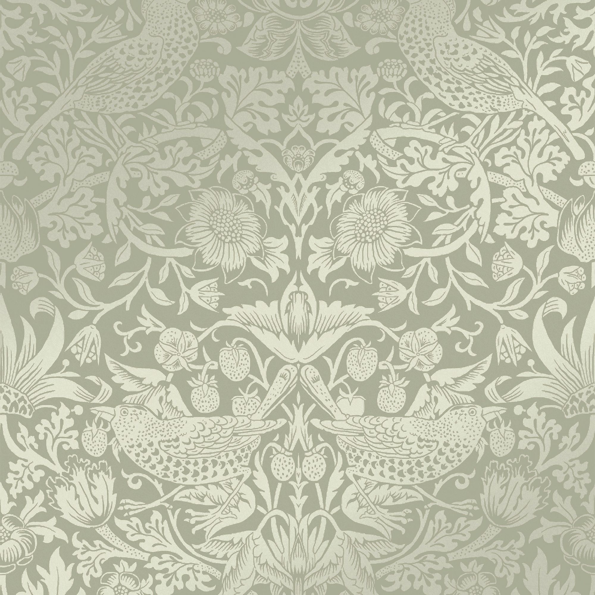 William Morris Gallery Collection Fibrous Sage Strawberry Thief Metallic effect Smooth Wallpaper