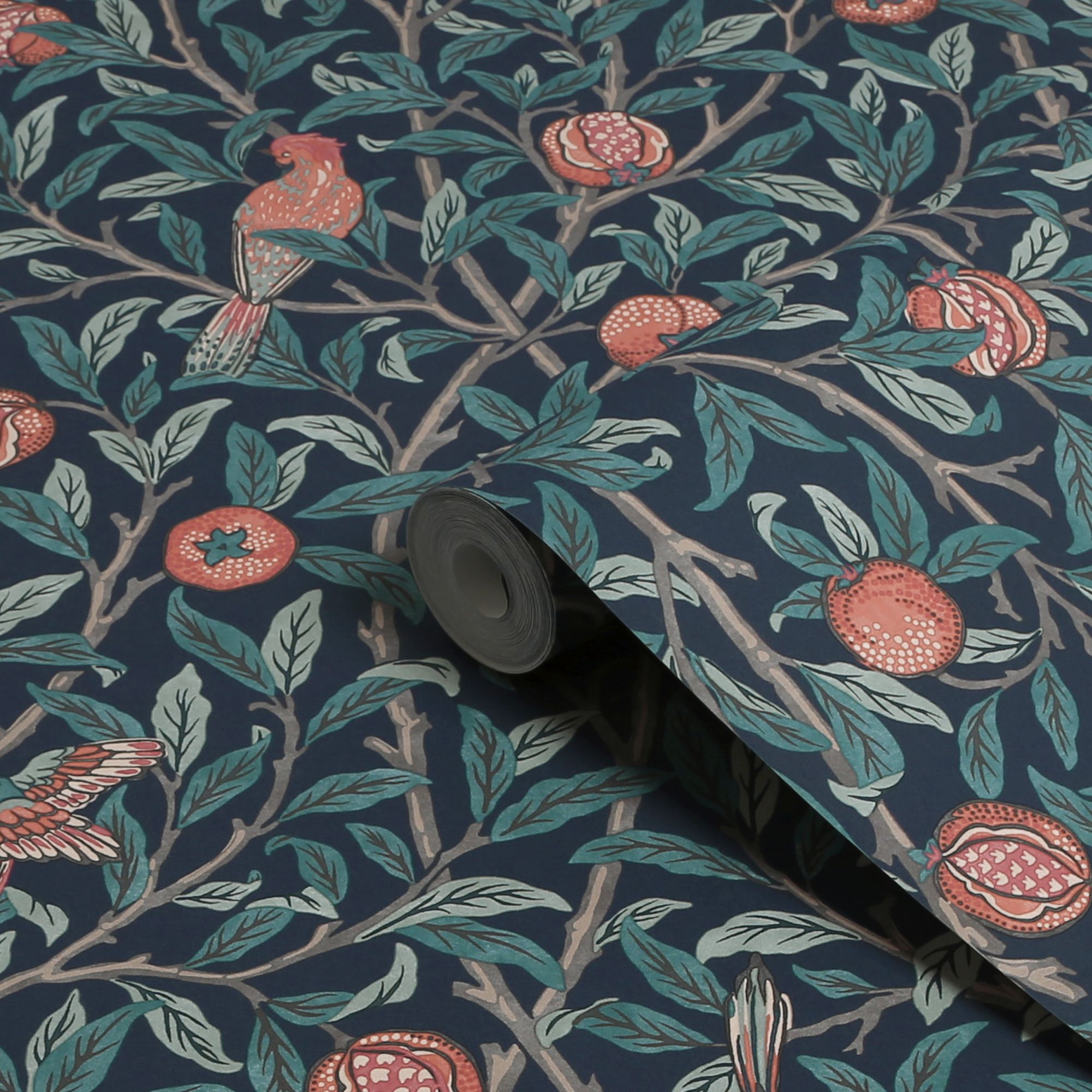 William Morris Gallery Collection Navy Blue Bird & Pomegranate Smooth Wallpaper