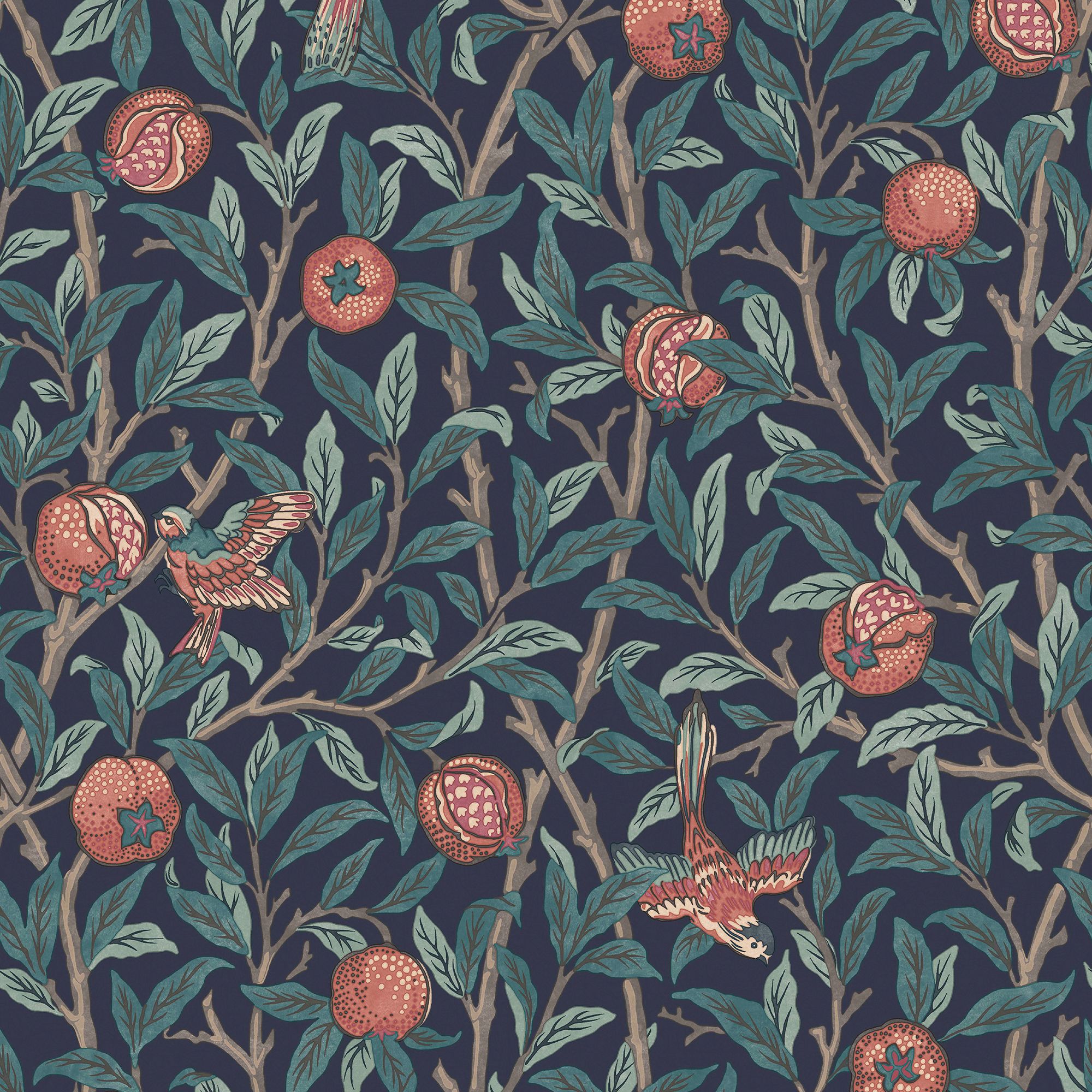 William Morris Gallery Collection Navy Blue Bird & Pomegranate Smooth Wallpaper