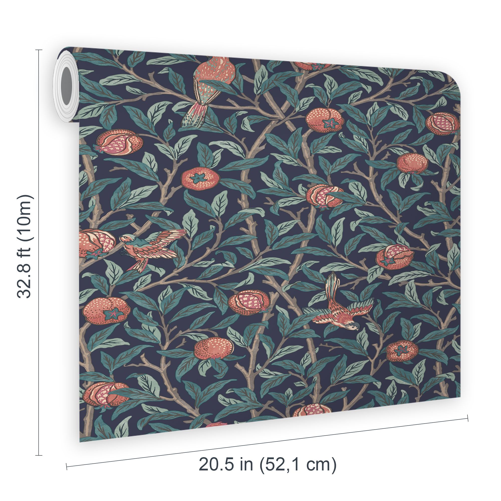 William Morris Gallery Collection Navy Blue Bird & Pomegranate Smooth Wallpaper