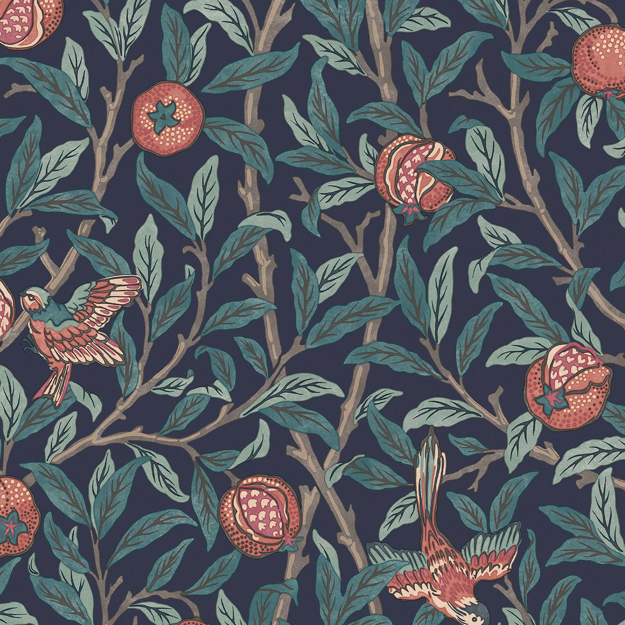 William Morris Gallery Collection Navy Blue Bird & Pomegranate Smooth Wallpaper