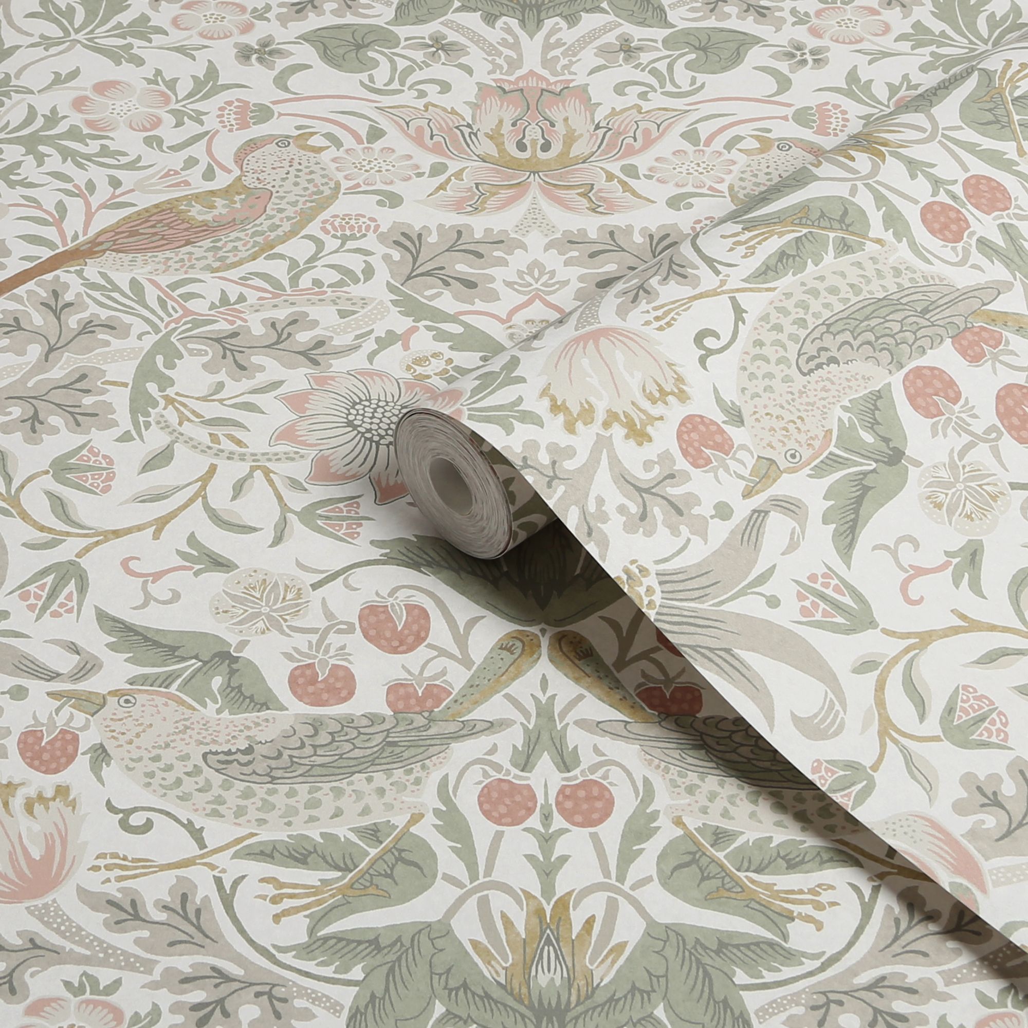 William Morris Gallery Collection Sage & Pink Strawberry Thief Smooth Wallpaper