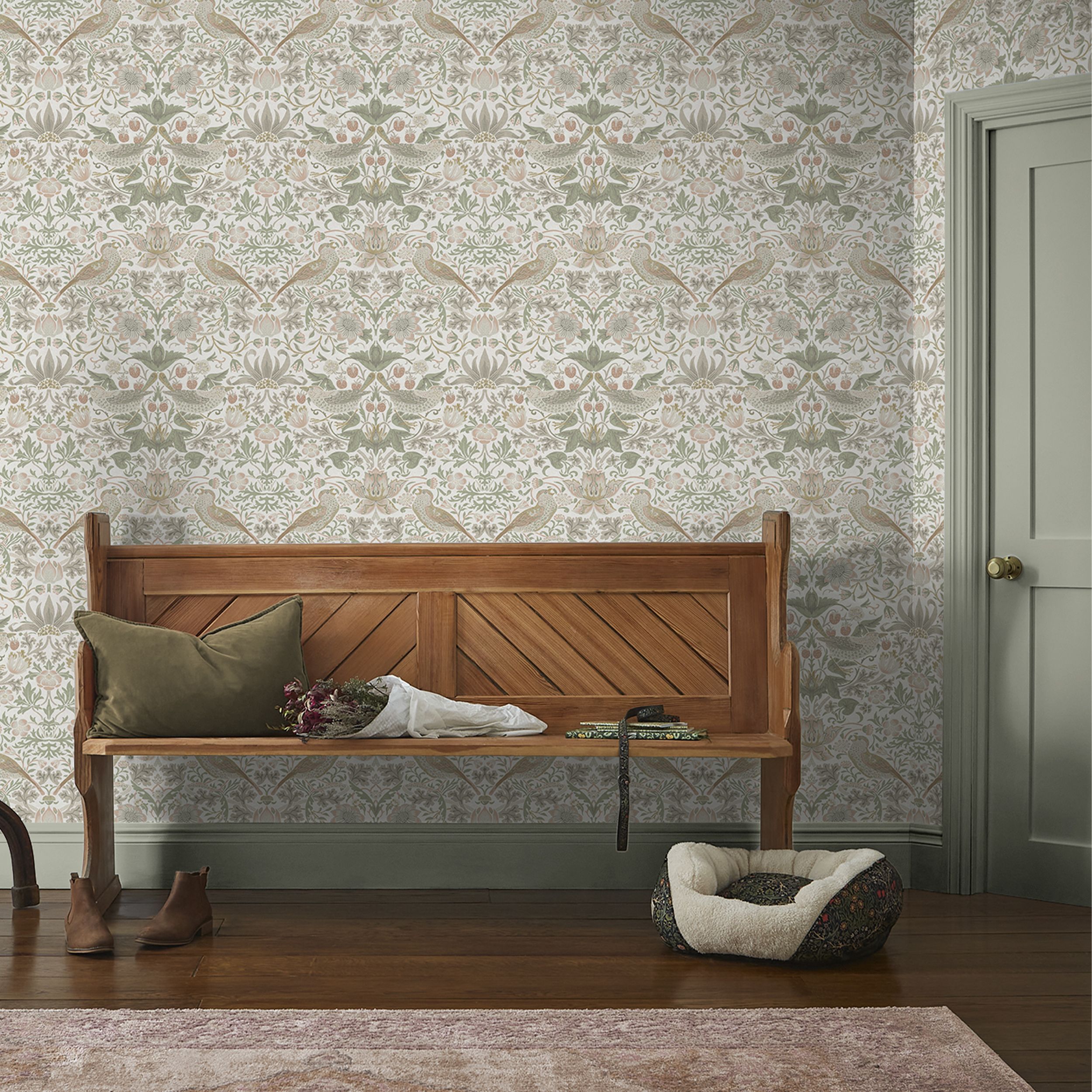 William Morris Gallery Collection Sage & Pink Strawberry Thief Smooth Wallpaper