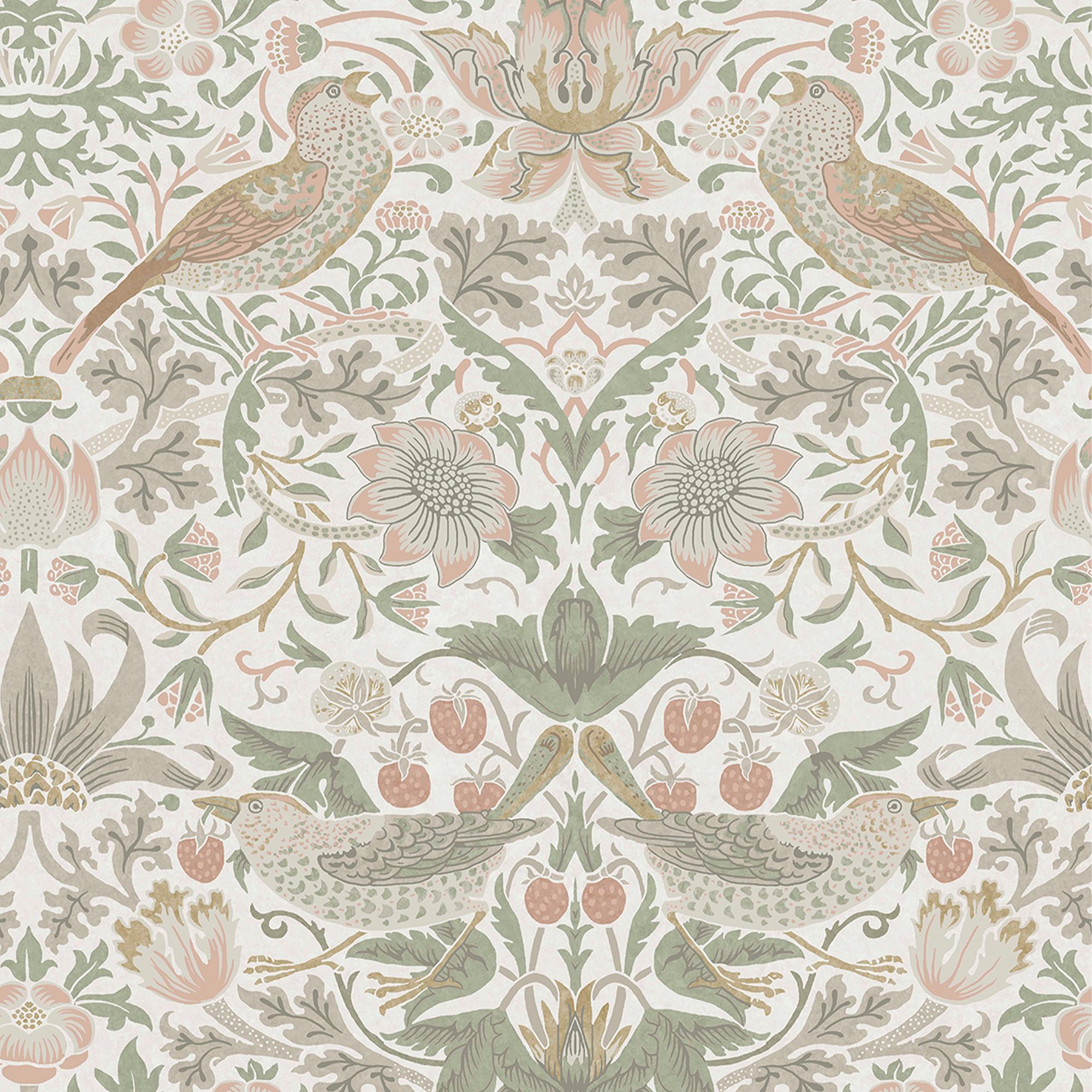 William Morris Gallery Collection Sage & Pink Strawberry Thief Smooth Wallpaper