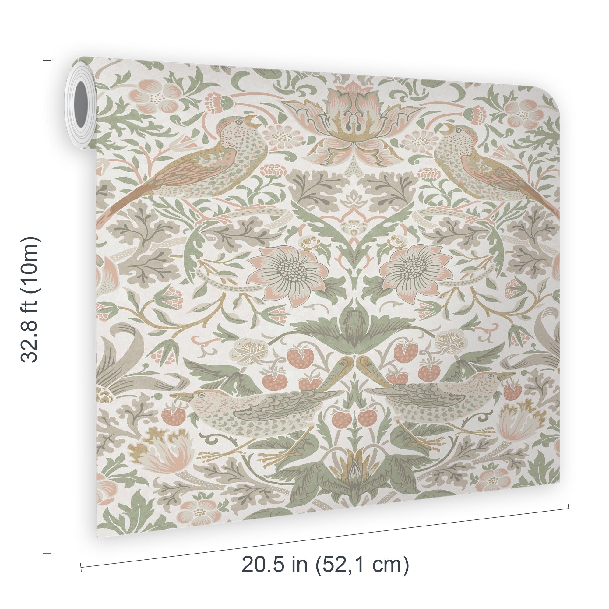 William Morris Gallery Collection Sage & Pink Strawberry Thief Smooth Wallpaper