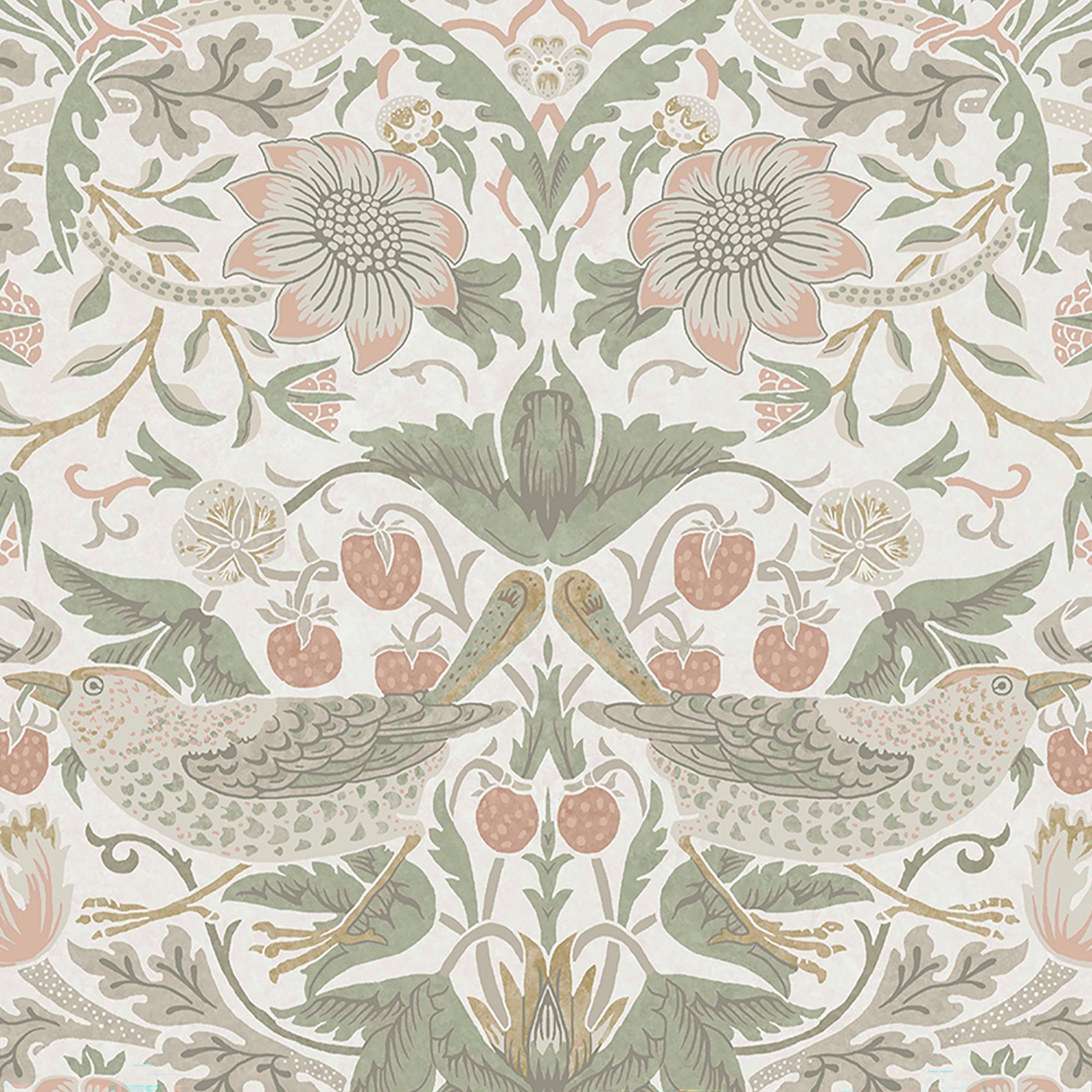William Morris Gallery Collection Sage & Pink Strawberry Thief Smooth Wallpaper
