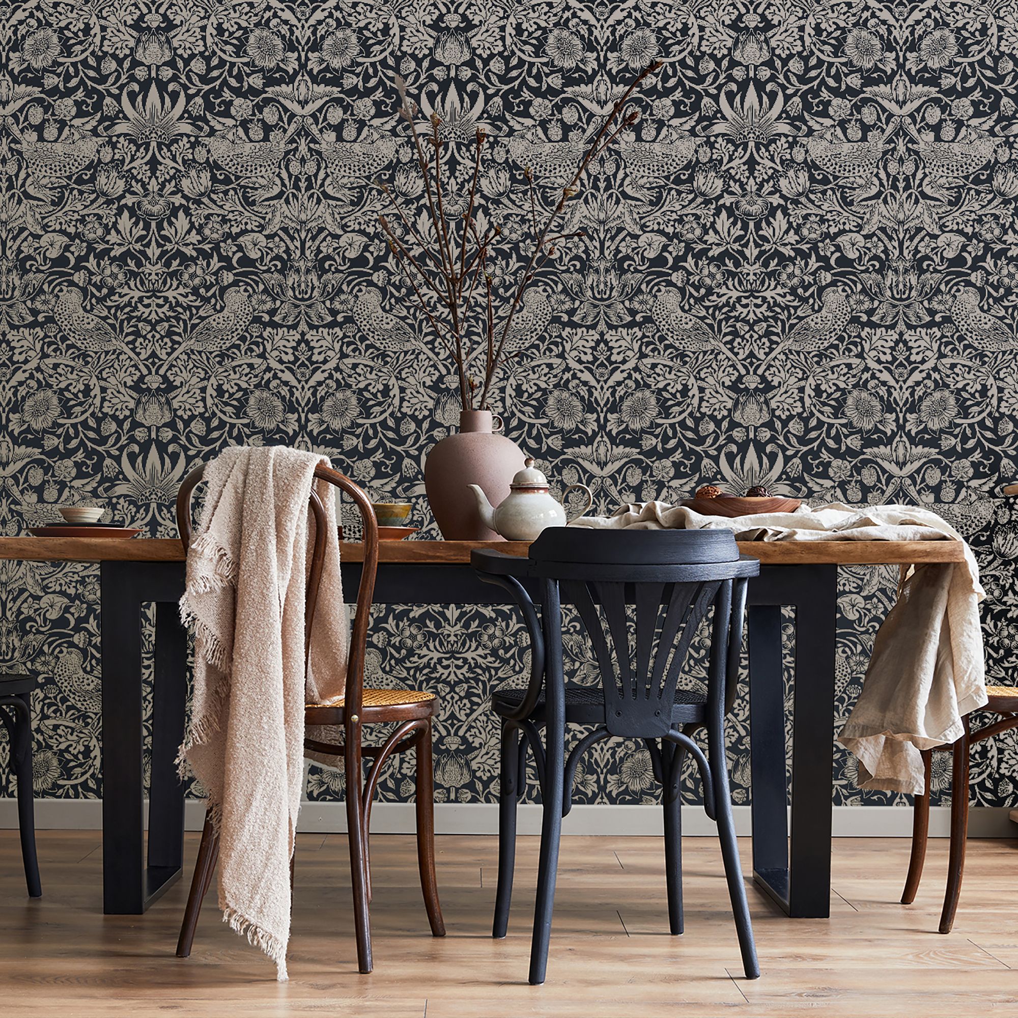 William Morris Rich Blue Strawberry Thief Metallic effect Smooth Wallpaper