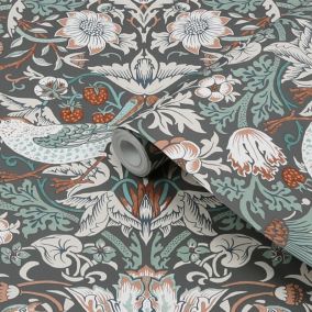 William Morris Summer Charcoal Strawberry Thief Smooth Wallpaper