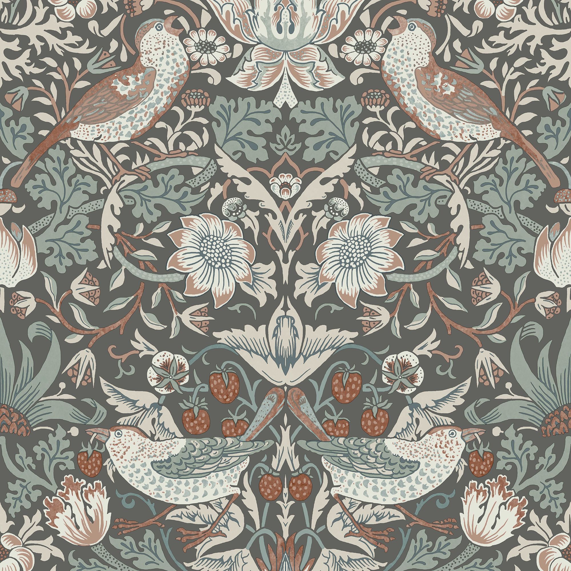 William Morris Summer Charcoal Strawberry Thief Smooth Wallpaper