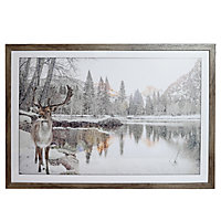 Winter stag White Framed print (H)45cm x (W)65cm