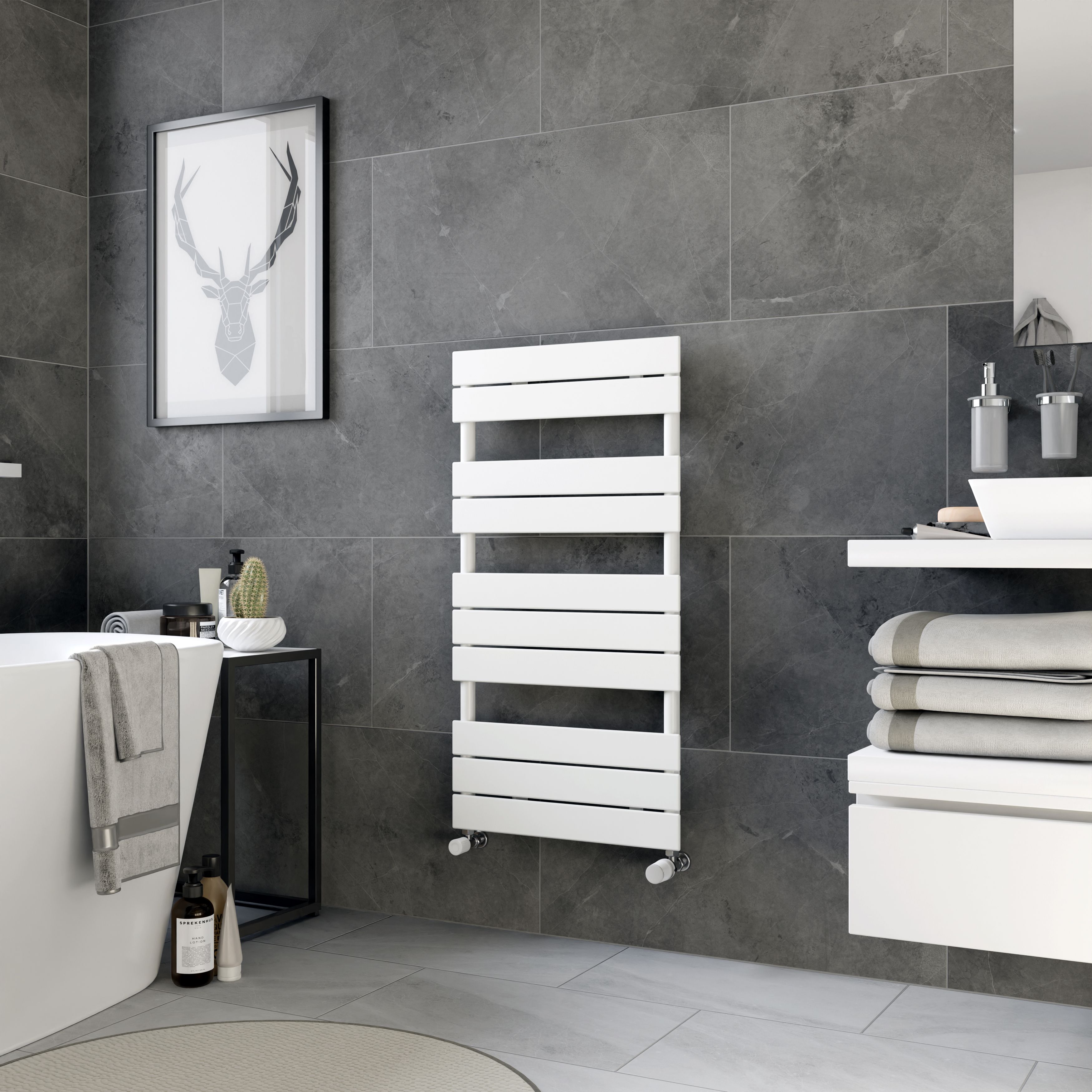 Ximax P2 Satin white Vertical Designer towel warmer Radiator, (W)500mm x (H)970mm