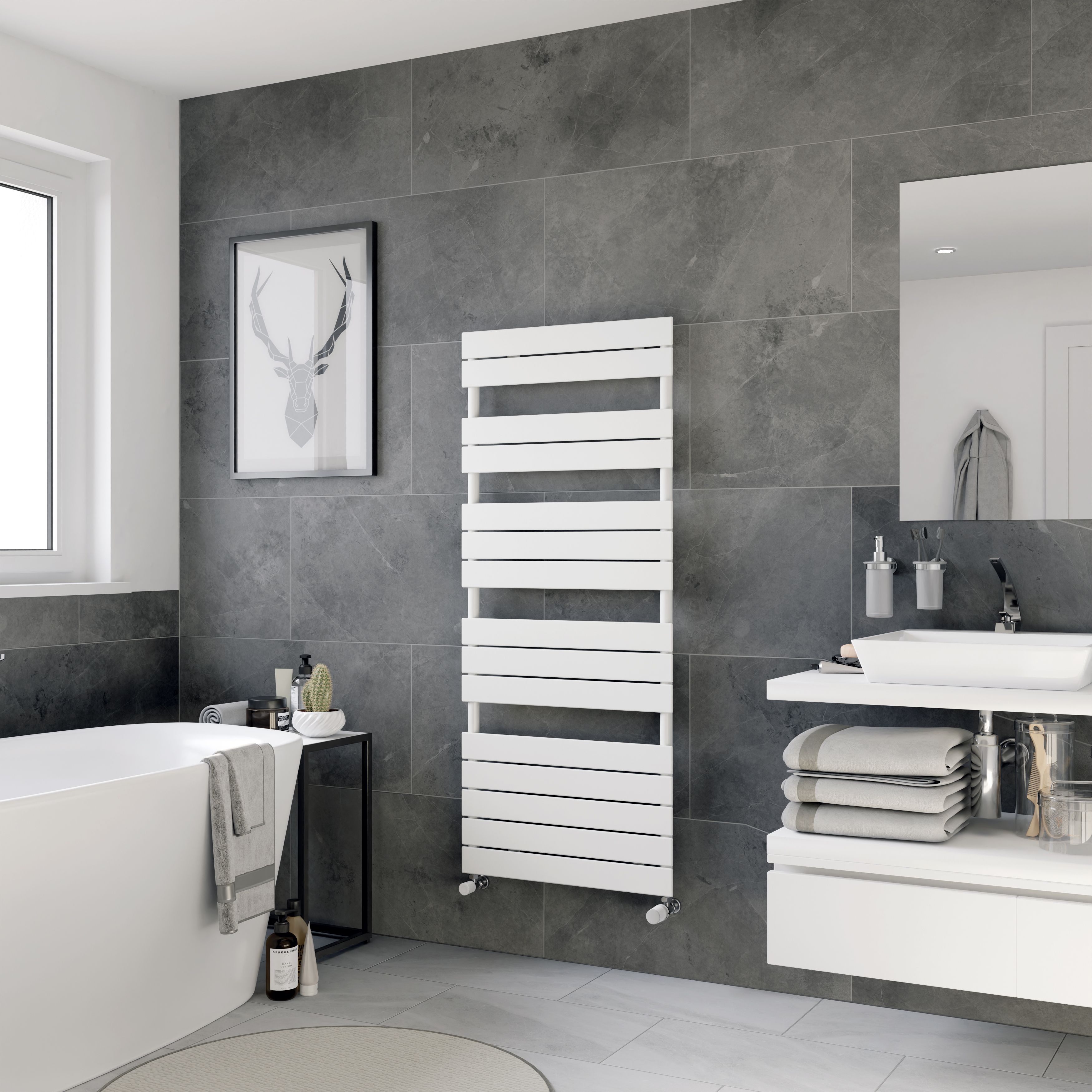 Ximax P2 Satin white Vertical Designer towel warmer Radiator, (W)600mm x (H)1420mm