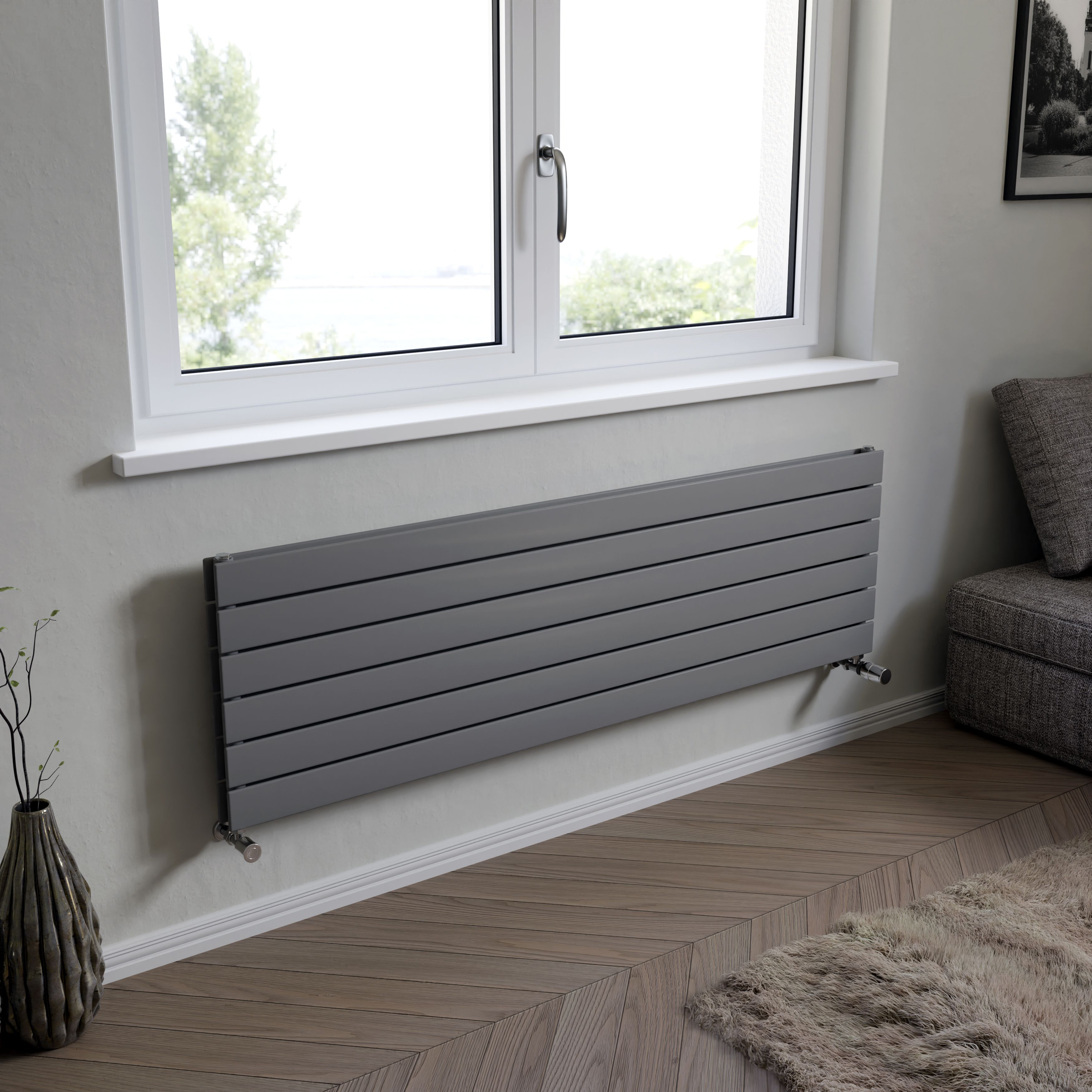 Ximax Vertirad Duplex Satin silver effect Horizontal Designer panel Radiator, (W)1500mm x (H)445mm