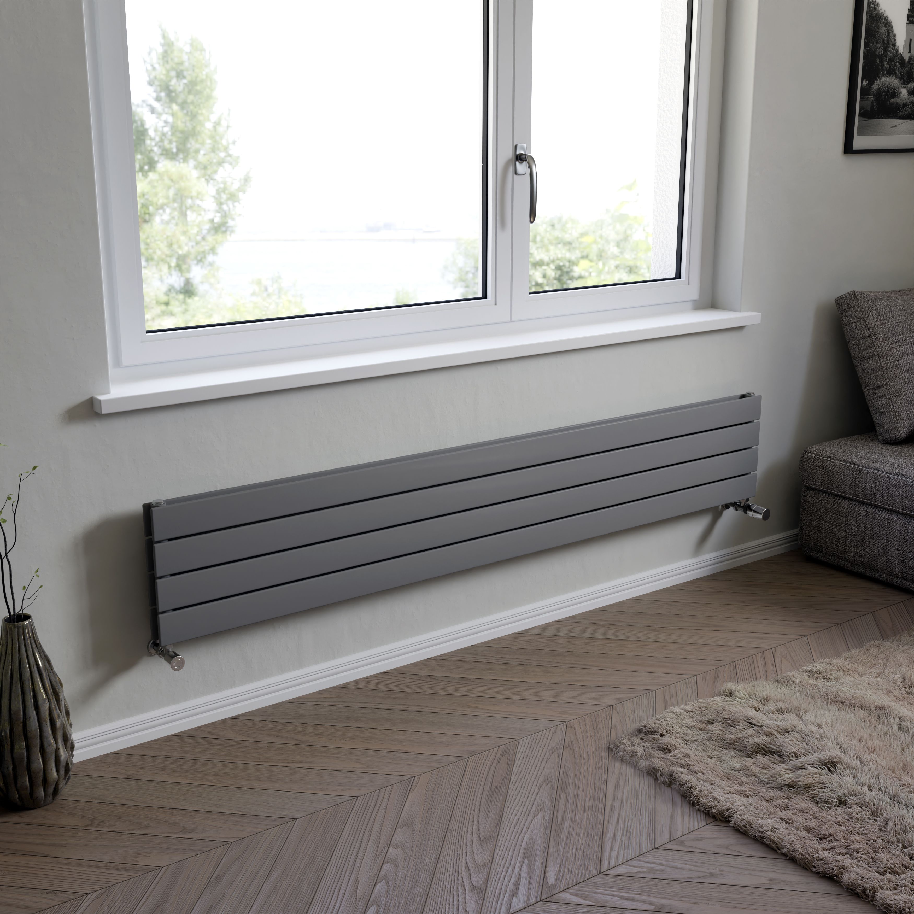 Ximax Vertirad Duplex Satin silver effect Horizontal Designer panel Radiator, (W)1800mm x (H)295mm