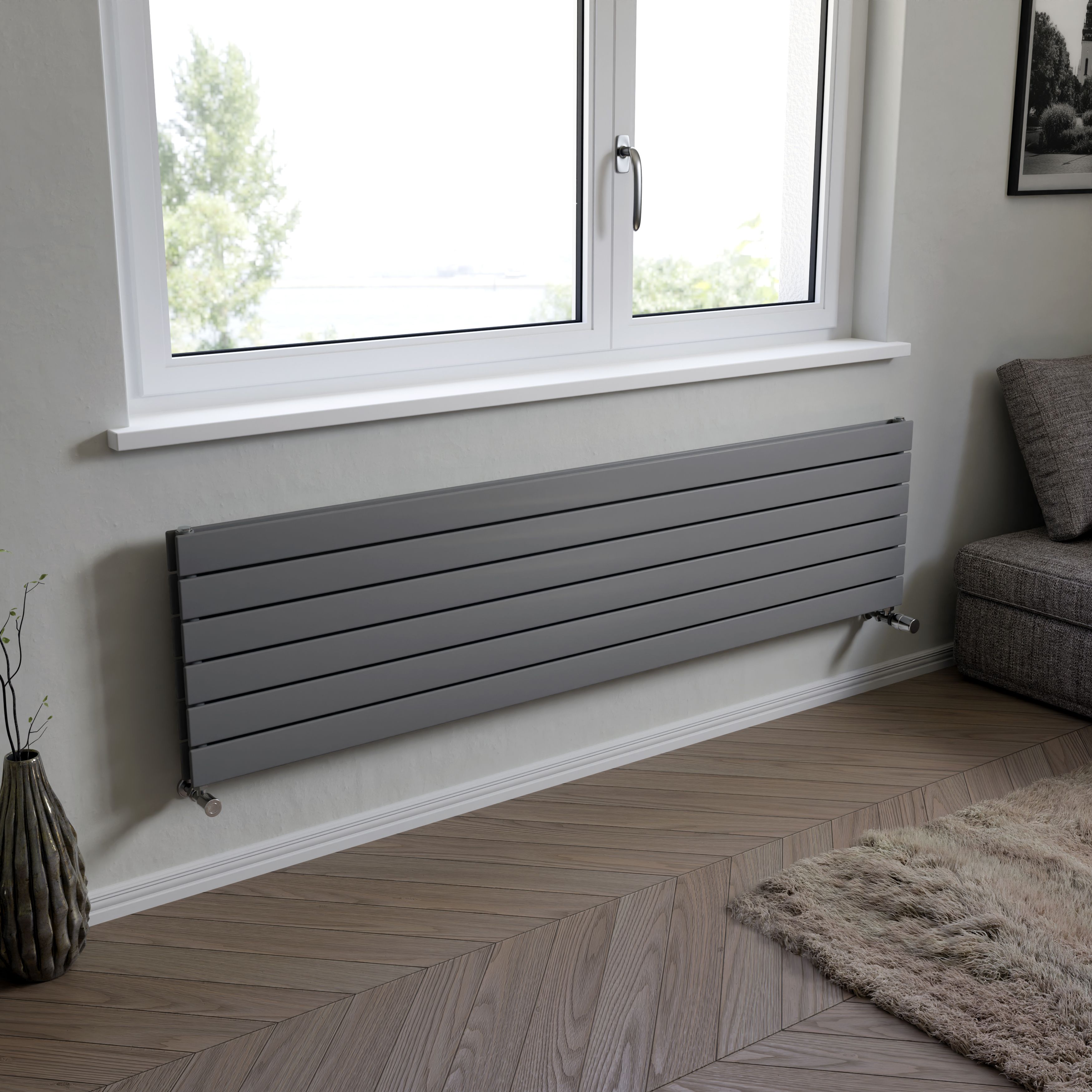 Ximax Vertirad Duplex Satin silver effect Horizontal Designer panel Radiator, (W)1800mm x (H)445mm