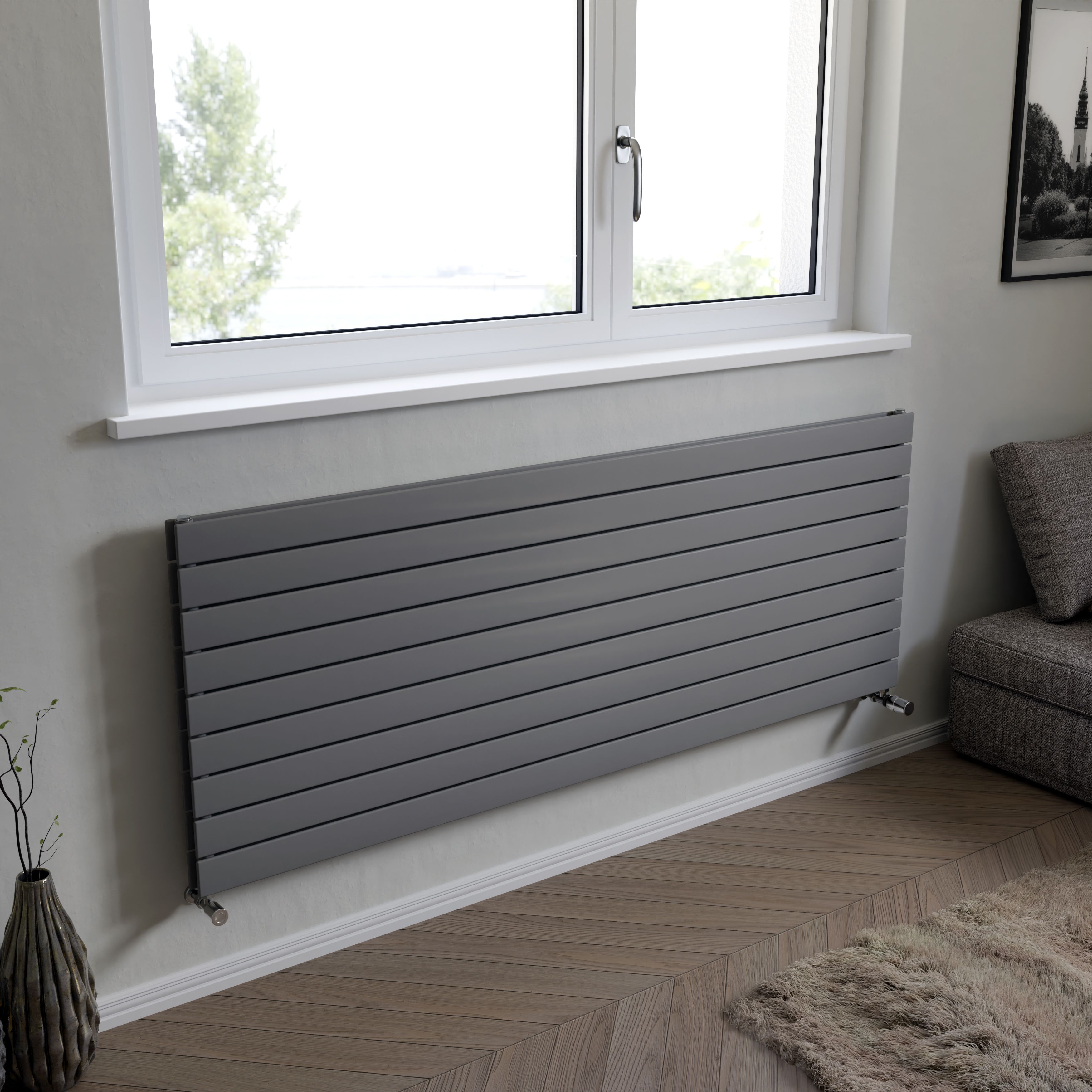 Ximax Vertirad Duplex Satin silver effect Horizontal Designer panel Radiator, (W)1800mm x (H)670mm