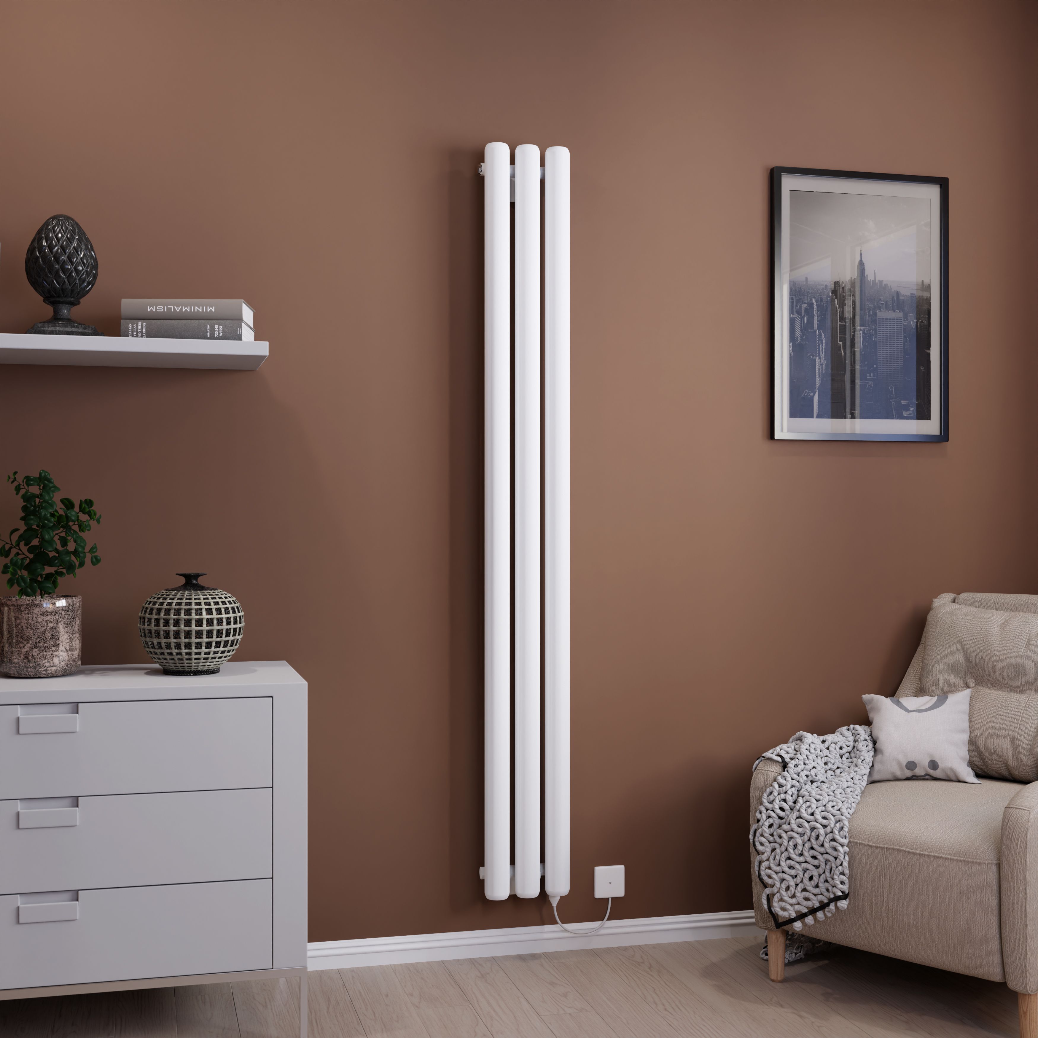 Ximax Vulkan Round Tube Satin white Vertical Electric designer Radiator, (W)210mm x (H)1800mm