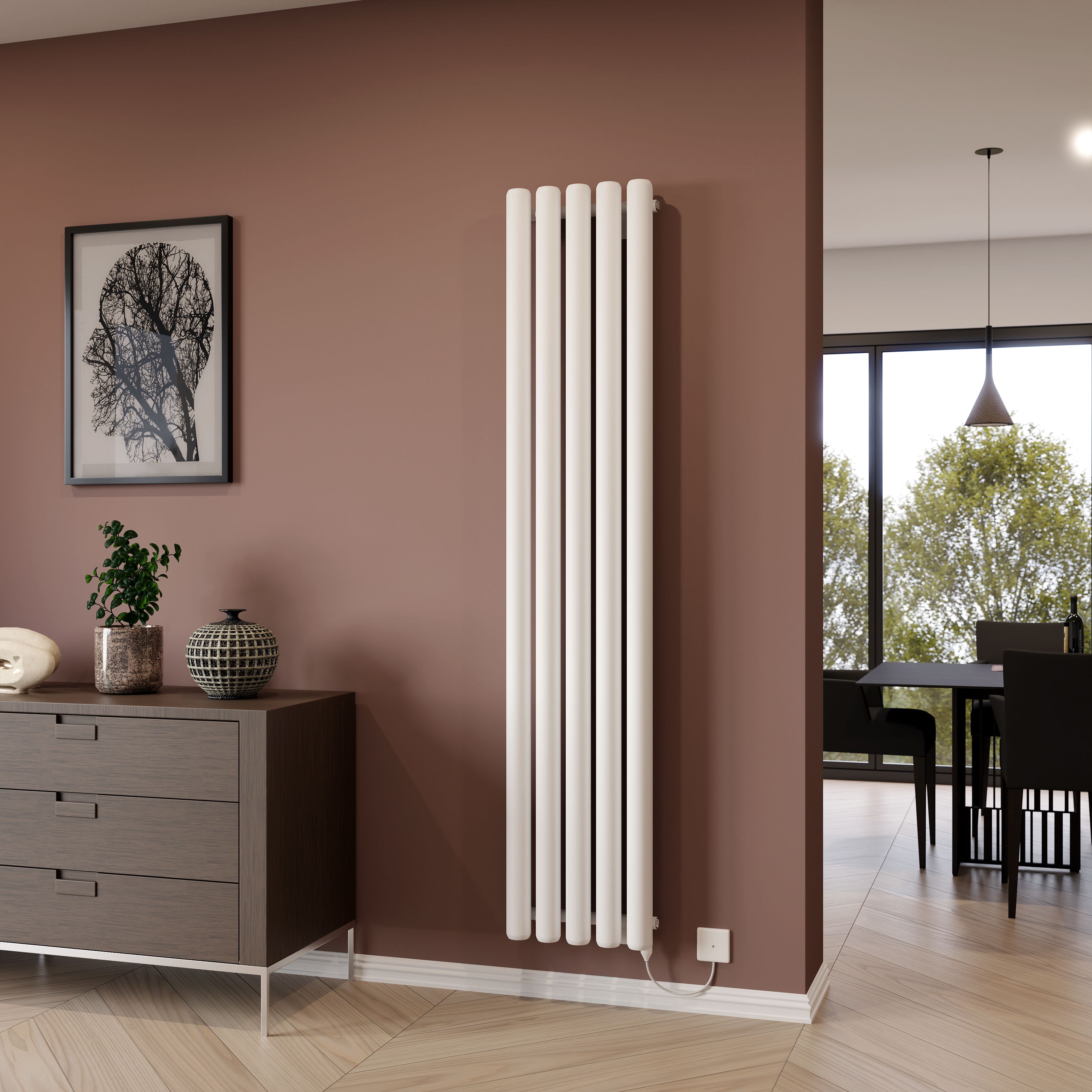 Ximax Vulkan Round Tube Satin white Vertical Electric designer Radiator, (W)360mm x (H)1800mm