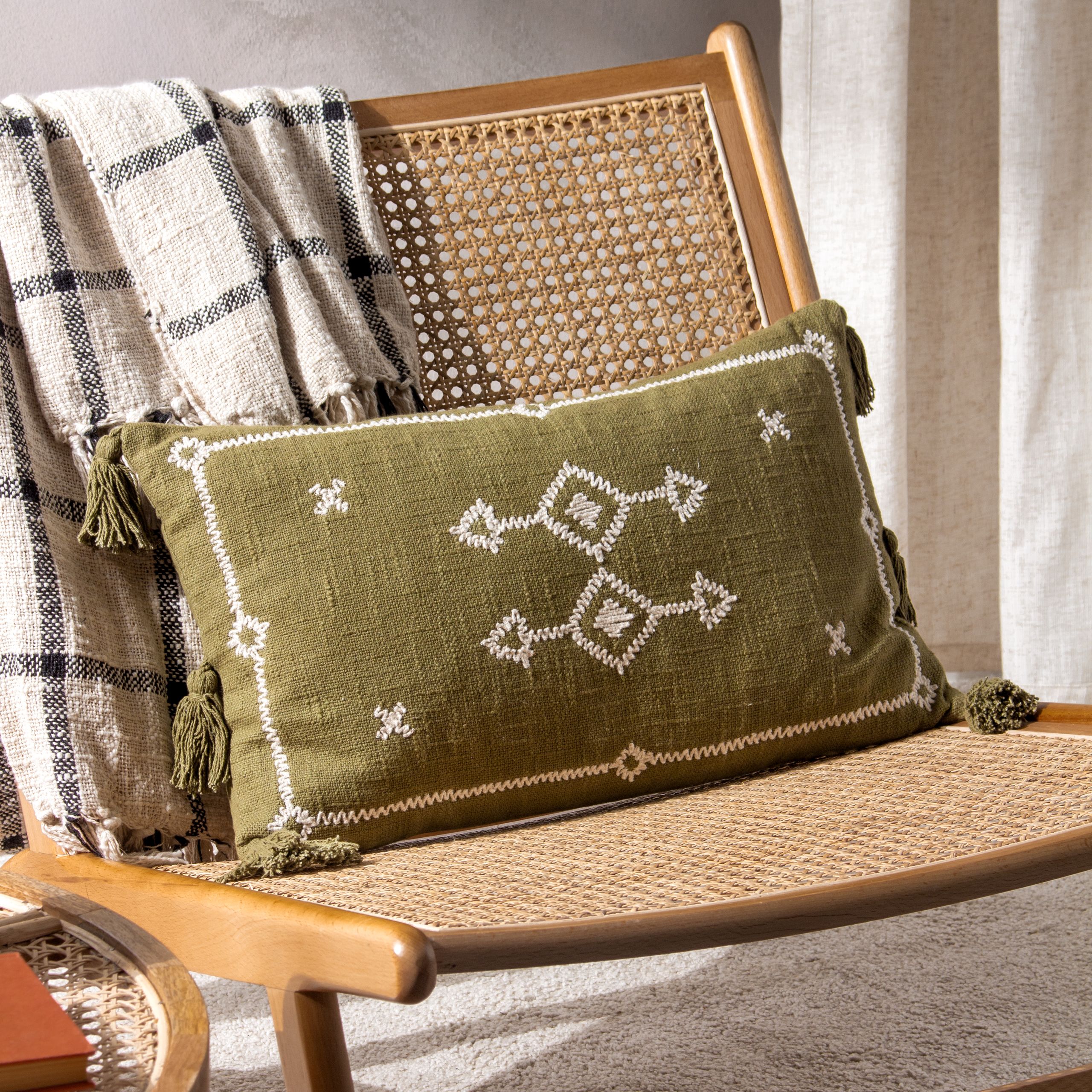 Yard Folis Khaki Geometric Embroidered effect Indoor Cushion, (L)50cm x (W)30cm