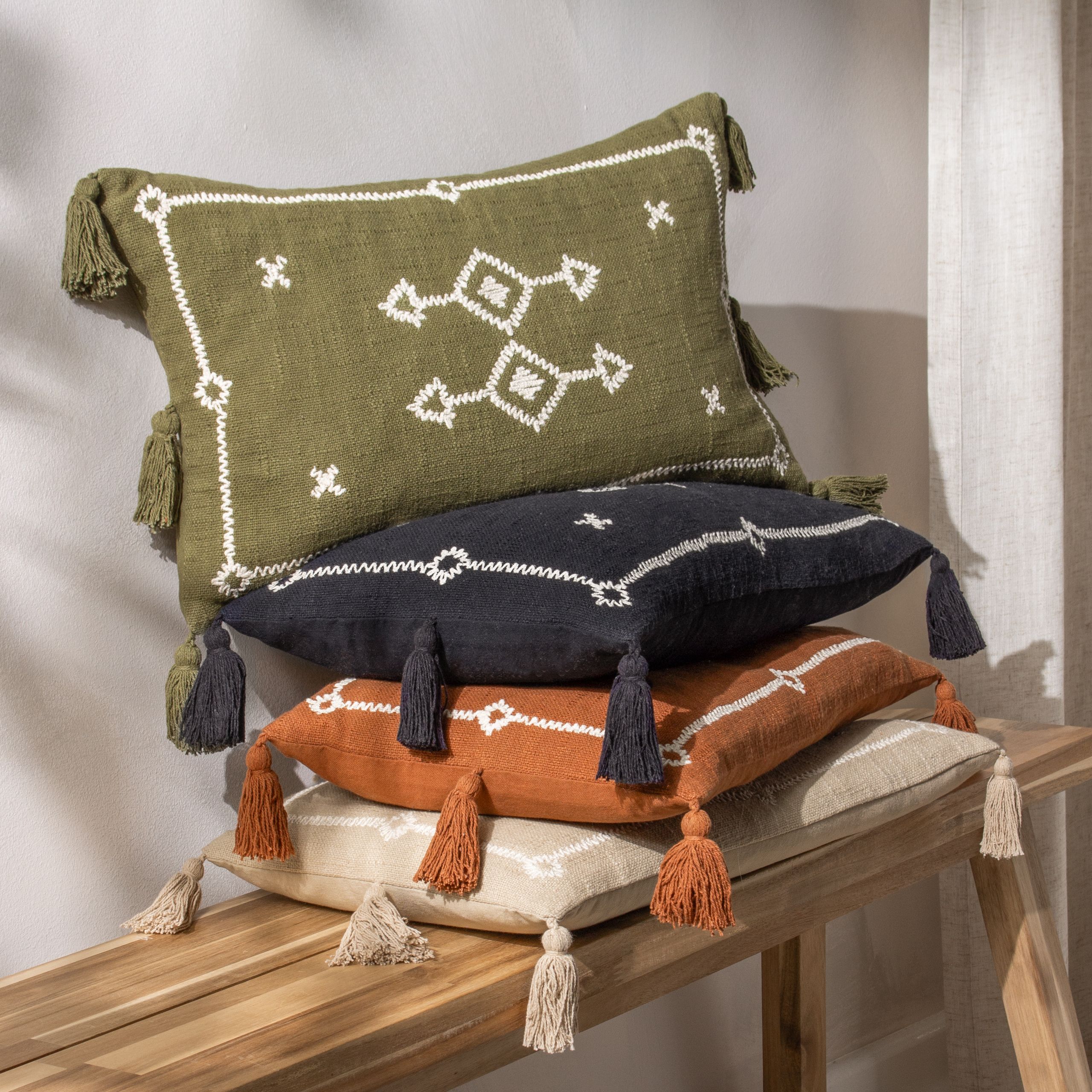 Yard Folis Khaki Geometric Embroidered effect Indoor Cushion, (L)50cm x (W)30cm