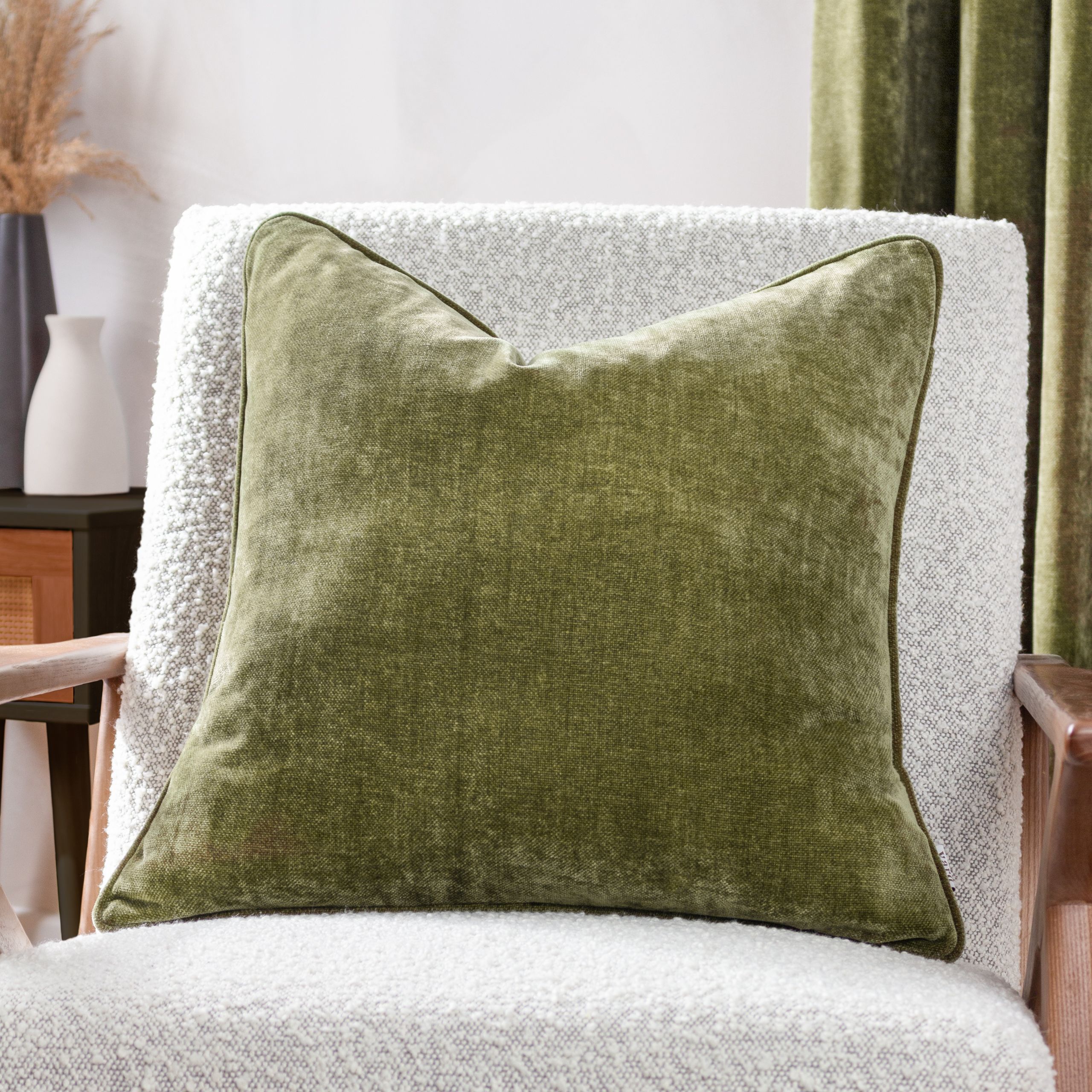 Yard Heavy Chenille Olive Velvet effect Indoor Cushion, (L)50cm x (W)50cm