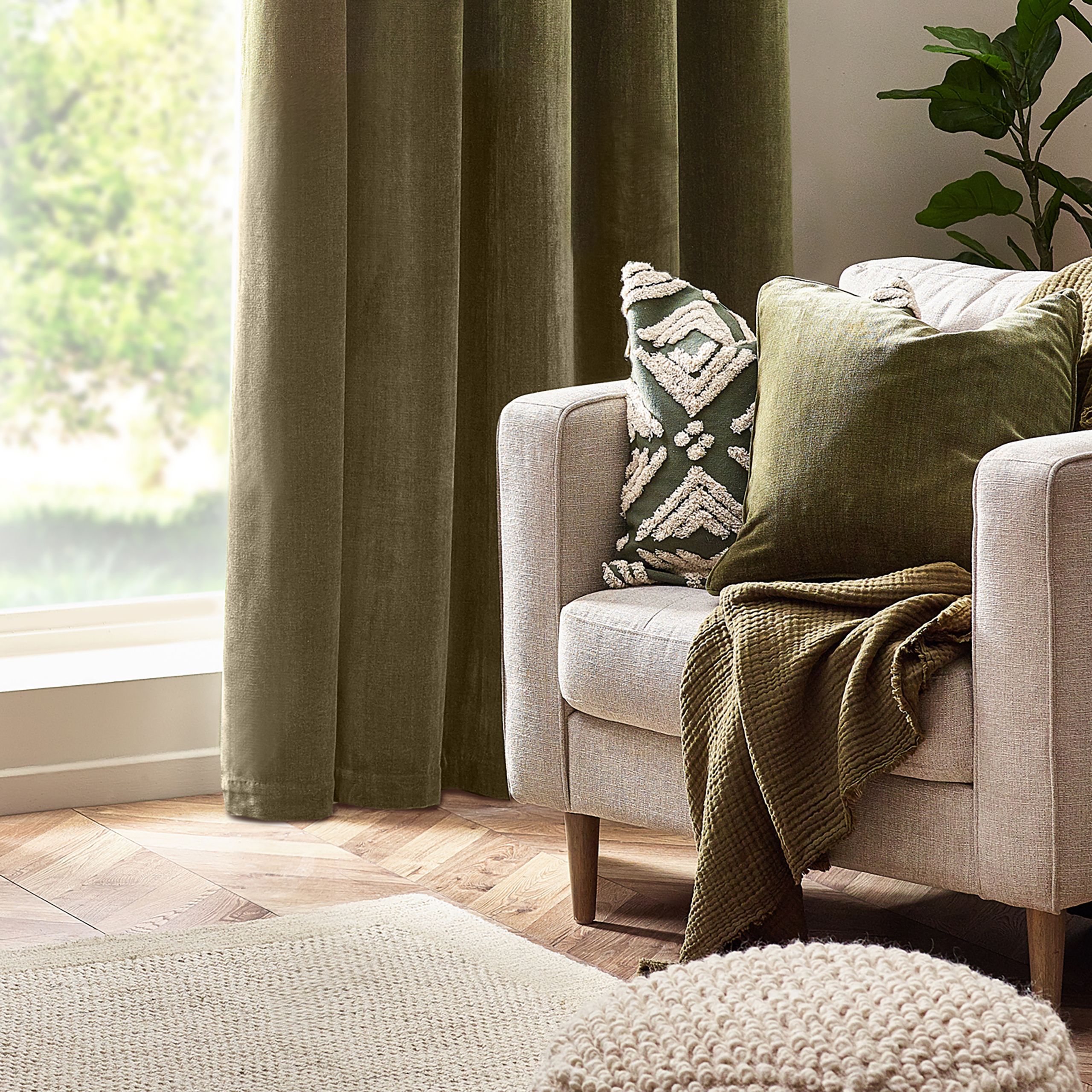 Yard Heavy Chenille Olive Velvet effect Indoor Cushion, (L)50cm x (W)50cm