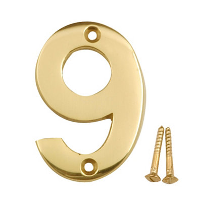 B&Q Polished Brass Effect Metal House Number 9, (H)75Mm (W)48Mm
