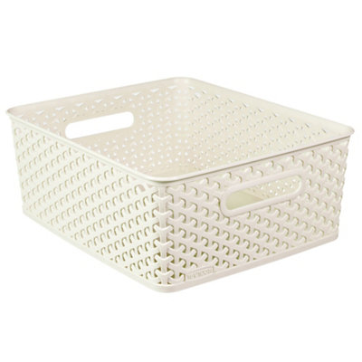 Curver My Style Rattan Effect White Rattan Effect Plastic Medium Stackable Storage Basket (H)13Cm (W)30Cm (D)35.4Cm