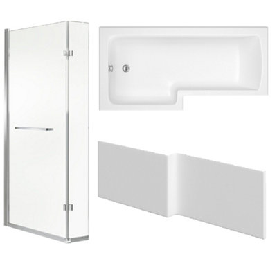 Cooke & Lewis Solarna Gloss White L-Shaped Left-Handed Shower Bath, Panel & Screen Set (L)1700Mm